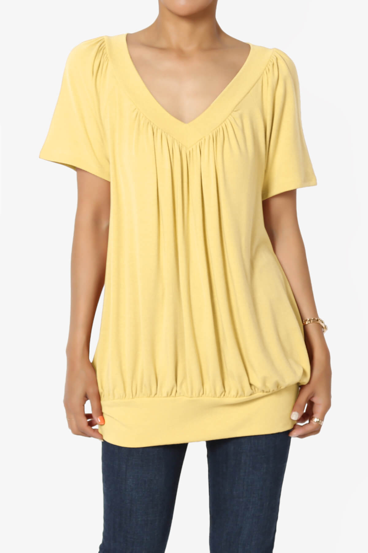 Rezume Shirred V-Neck Blouson Top DUSTY BANANA_1