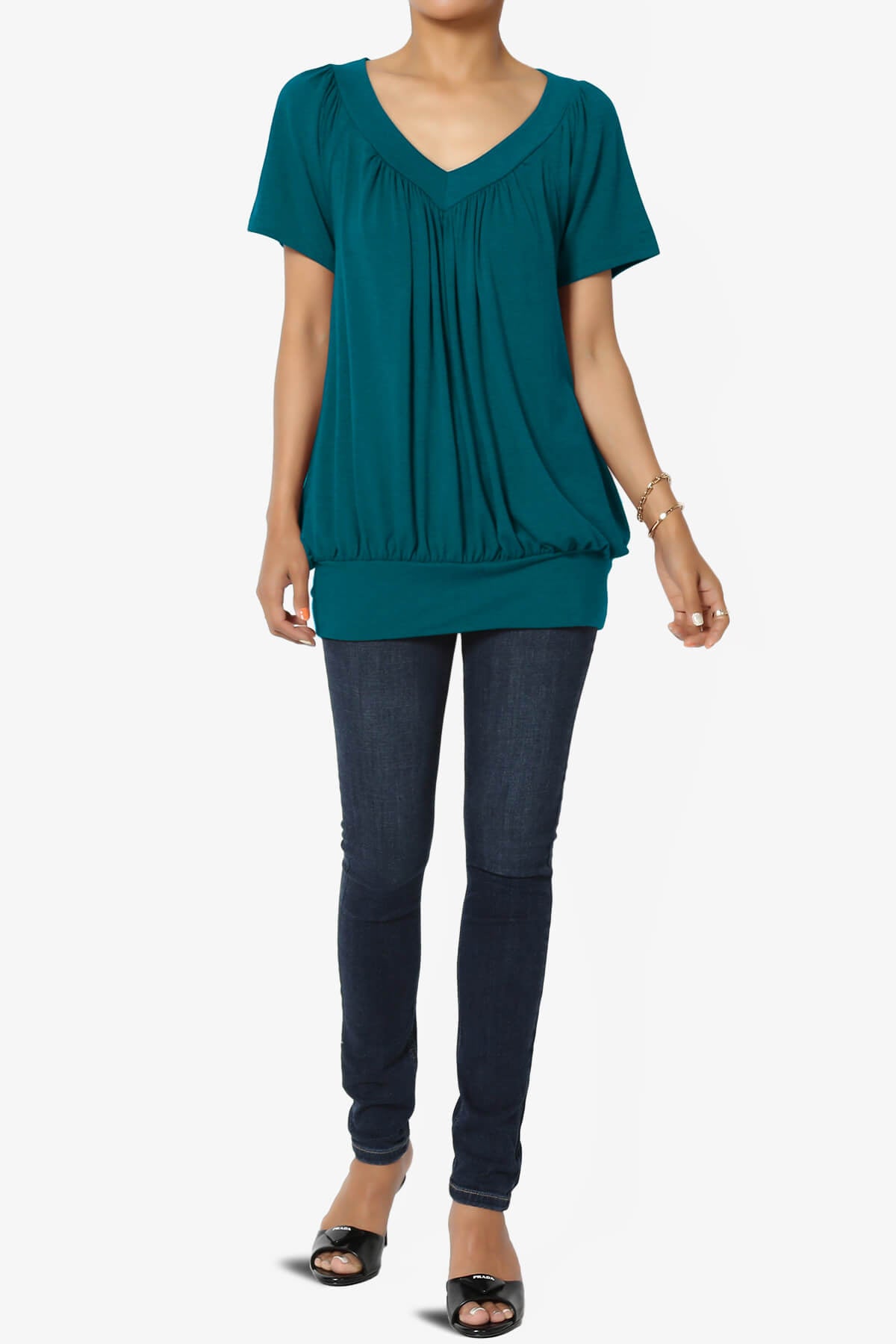 Rezume Shirred V-Neck Blouson Top TEAL_6