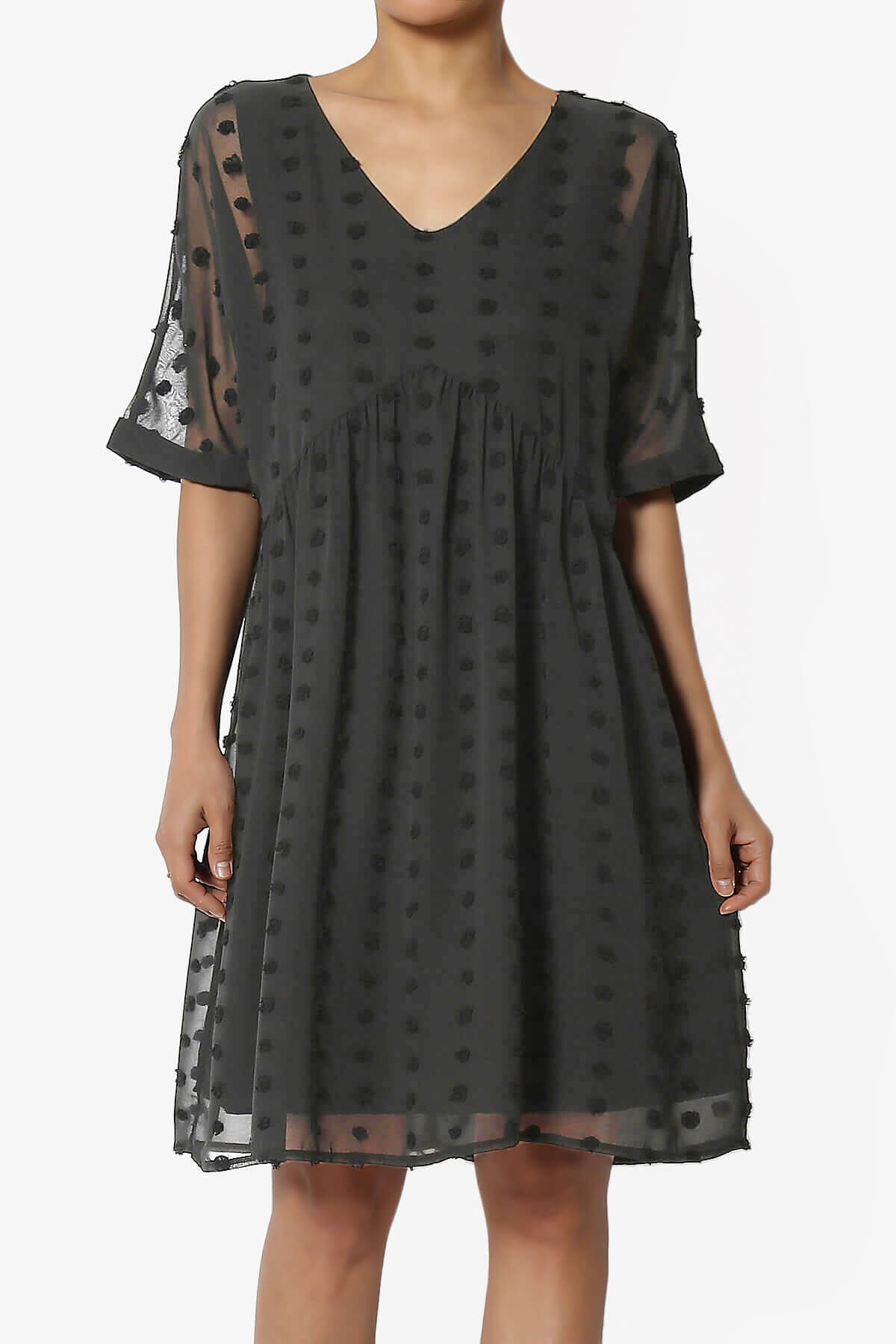 Sandra Swiss Dot Short Sleeve Babydoll Dress ASH GREY_1