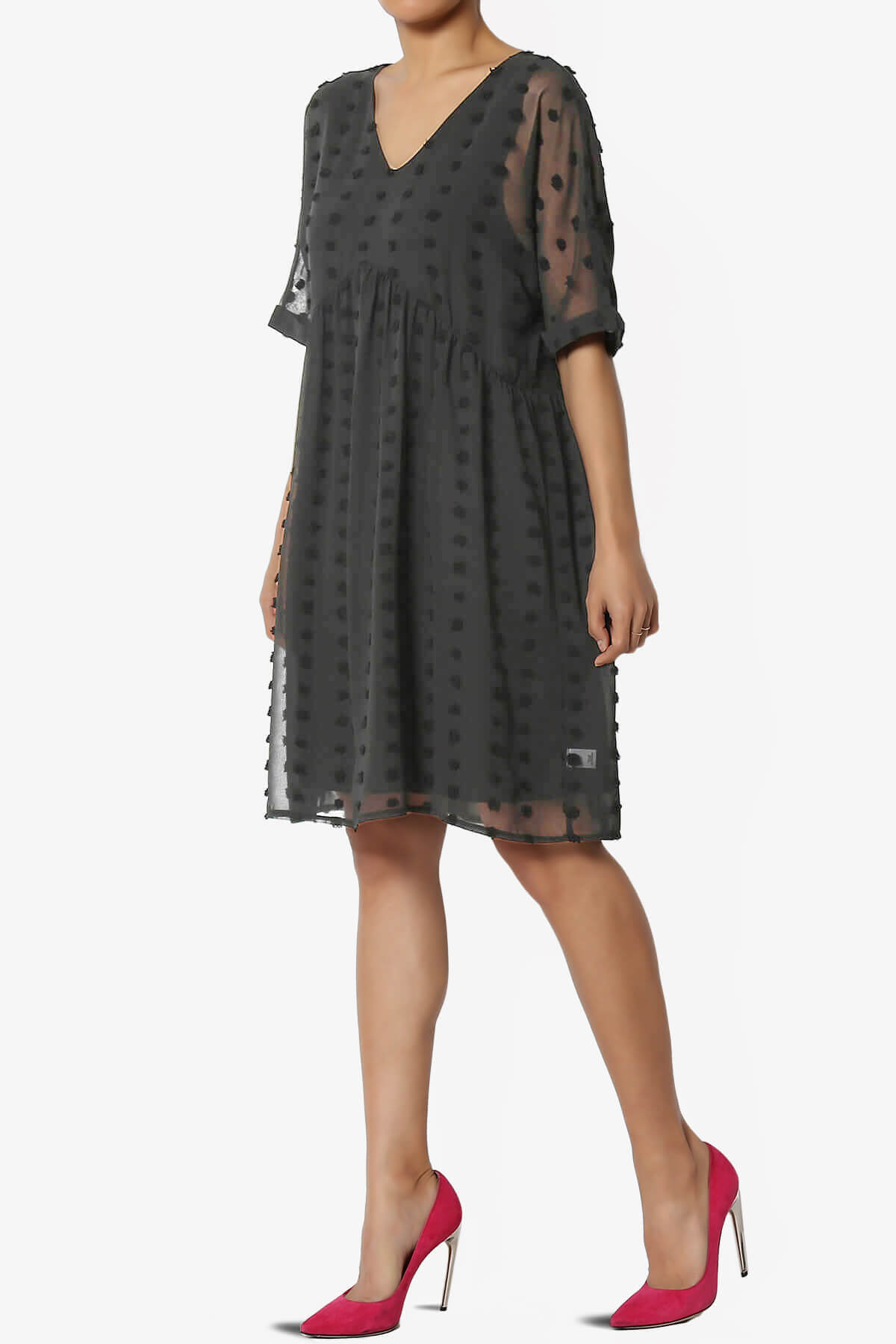 Sandra Swiss Dot Short Sleeve Babydoll Dress ASH GREY_3