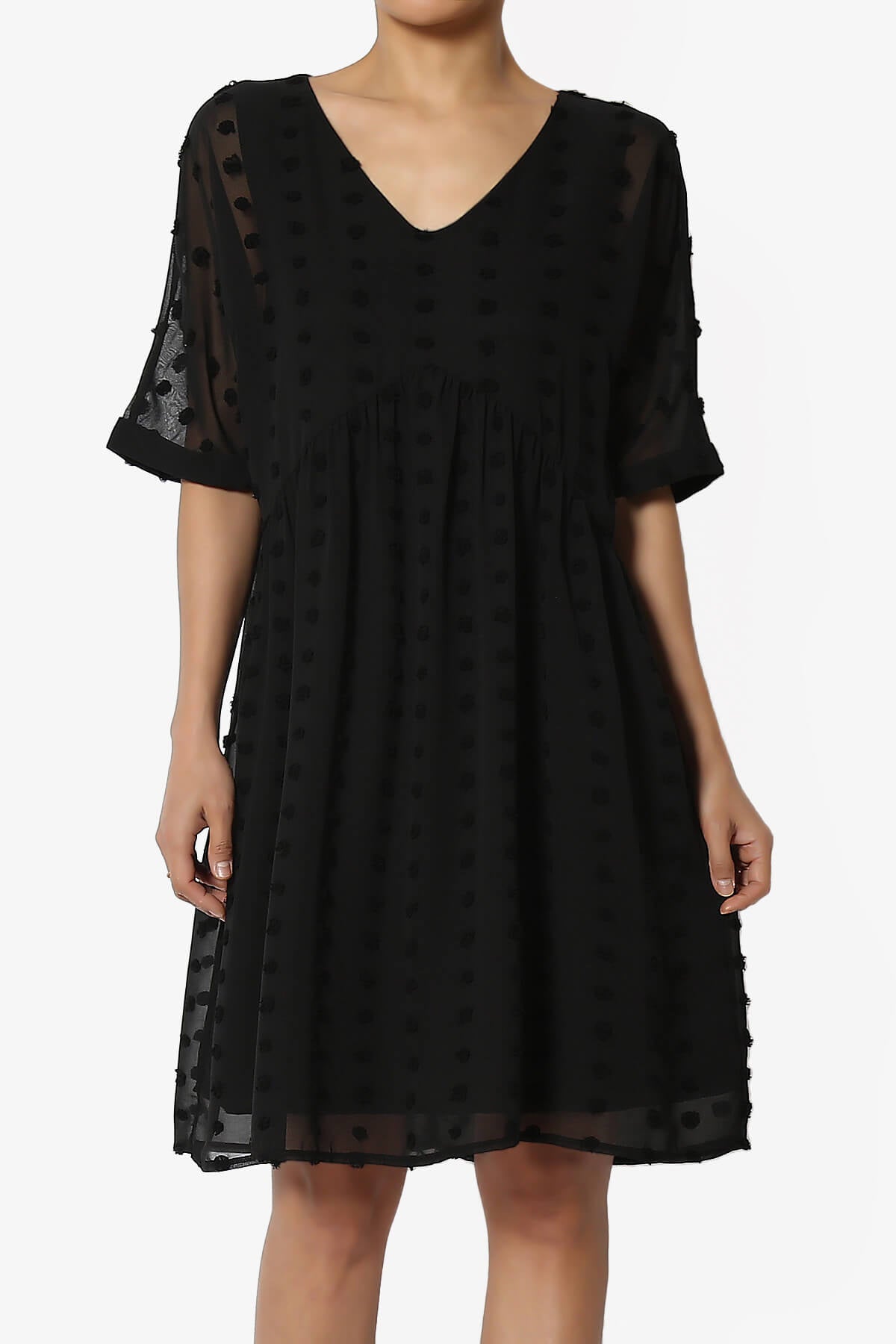 Sandra Swiss Dot Short Sleeve Babydoll Dress BLACK_1