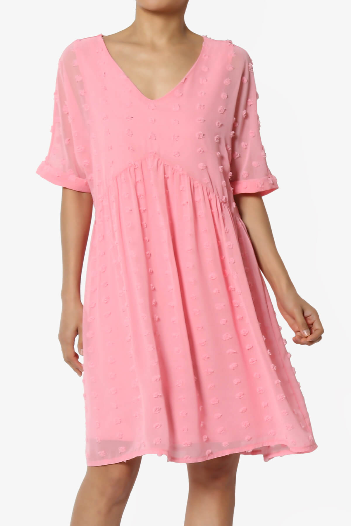 Sandra Swiss Dot Short Sleeve Babydoll Dress DARK PINK_1