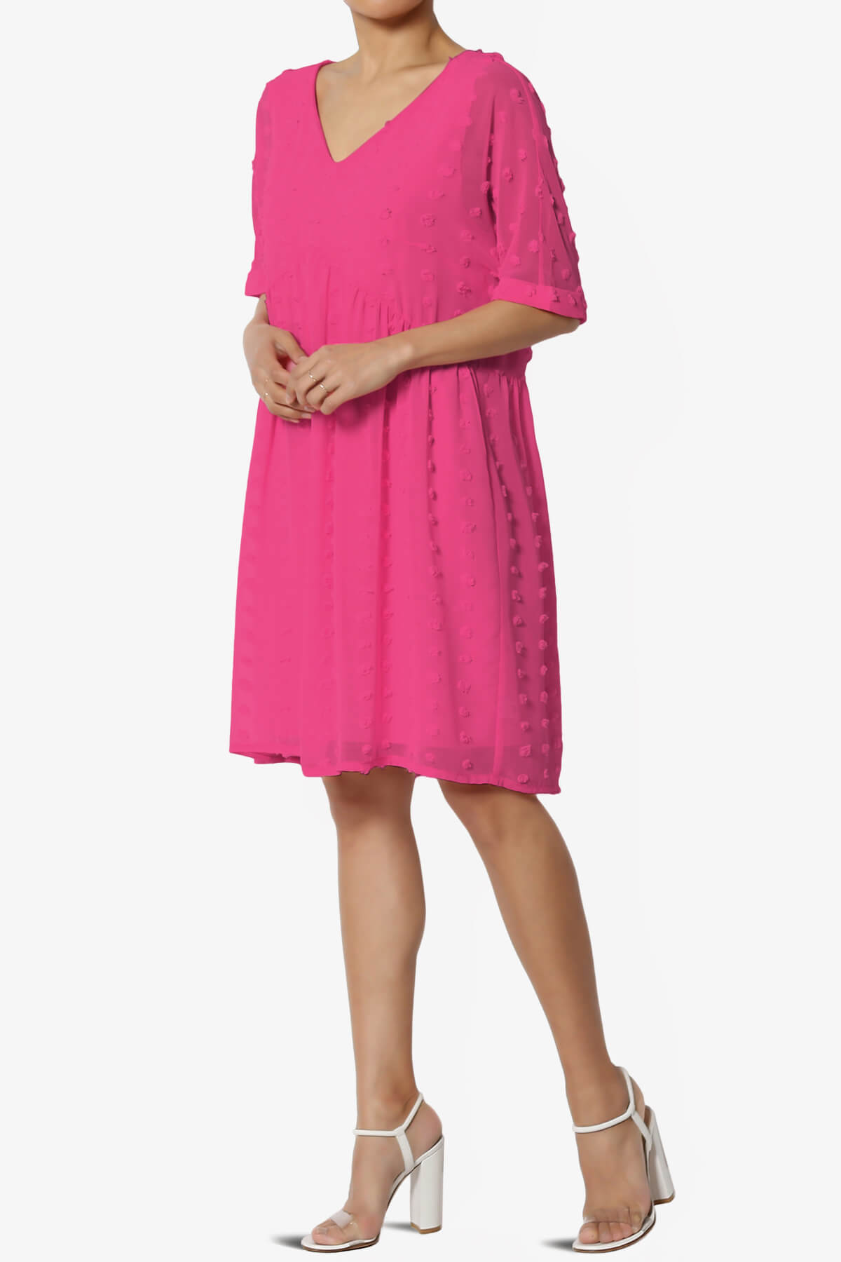 Sandra Swiss Dot Short Sleeve Babydoll Dress HOT PINK_3
