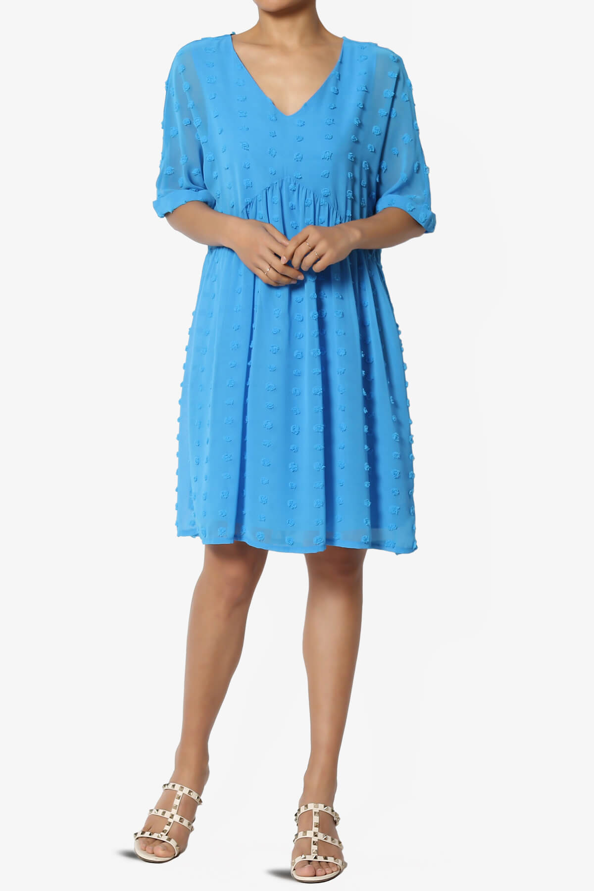 Sandra Swiss Dot Short Sleeve Babydoll Dress SKY_6