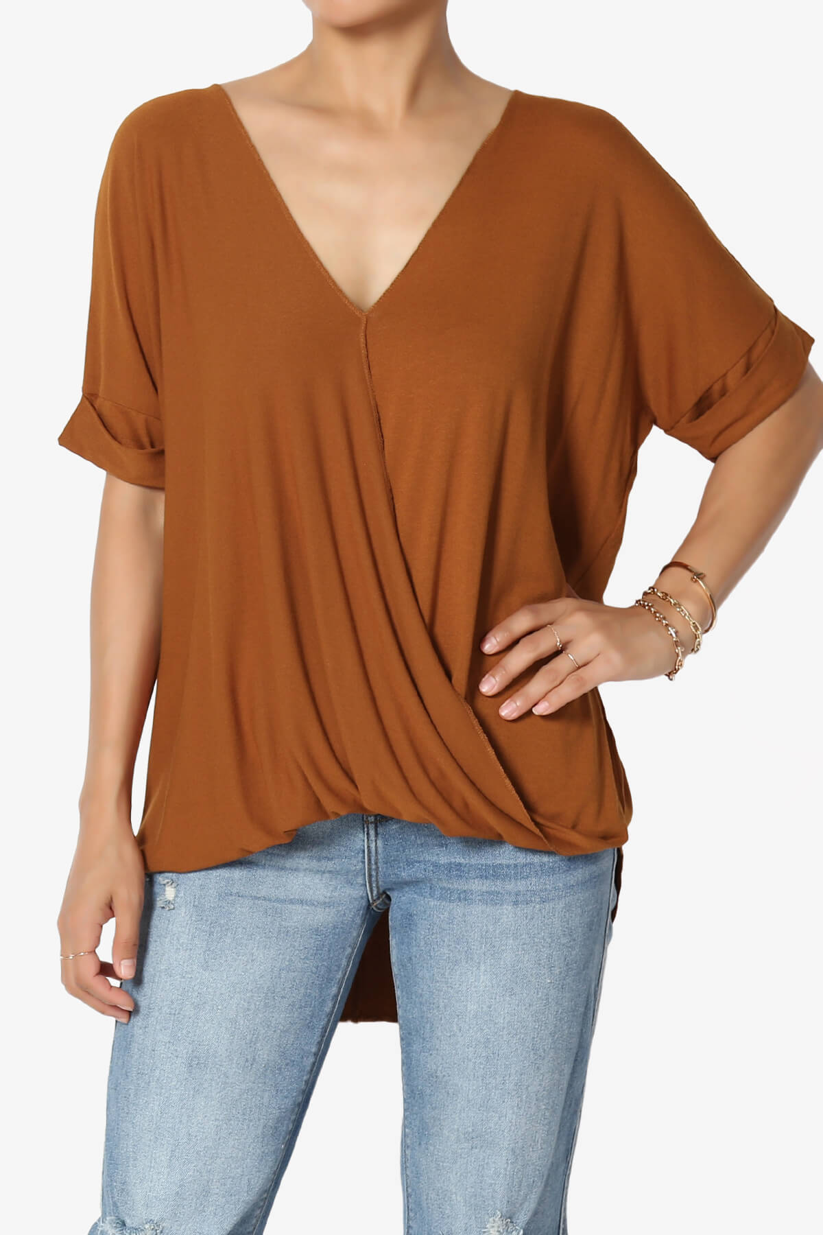 Tackle Wrap Hi-Low Crepe Knit Top ALMOND_1