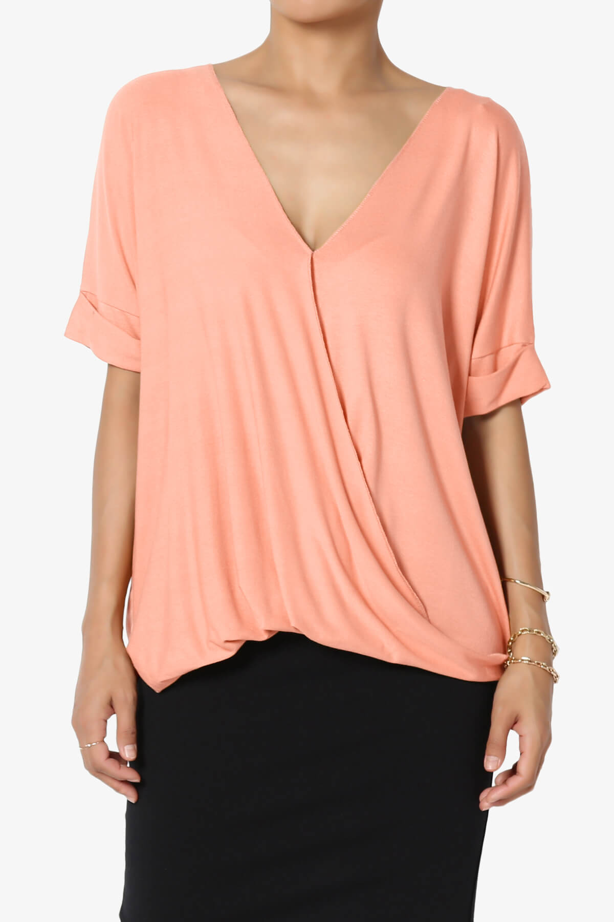 Tackle Wrap Hi-Low Crepe Knit Top CORAL_1