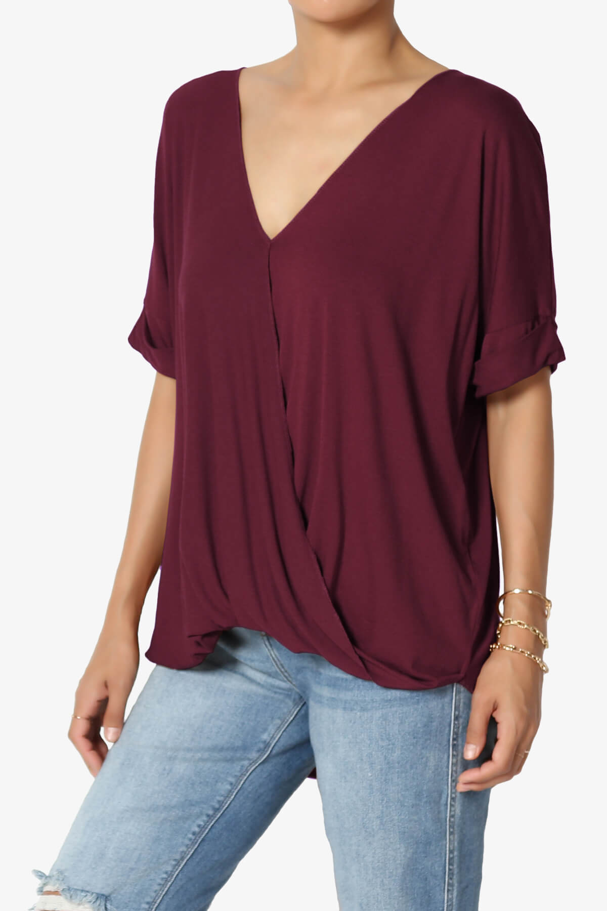 Tackle Wrap Hi-Low Crepe Knit Top DARK BURGUNDY_3
