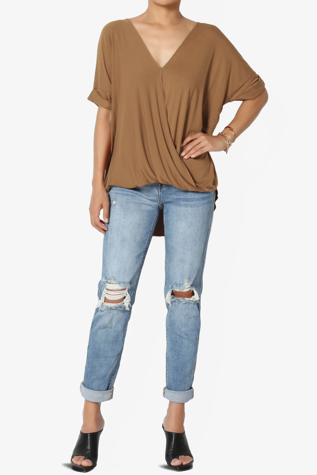 Tackle Wrap Hi-Low Crepe Knit Top DEEP CAMEL_6