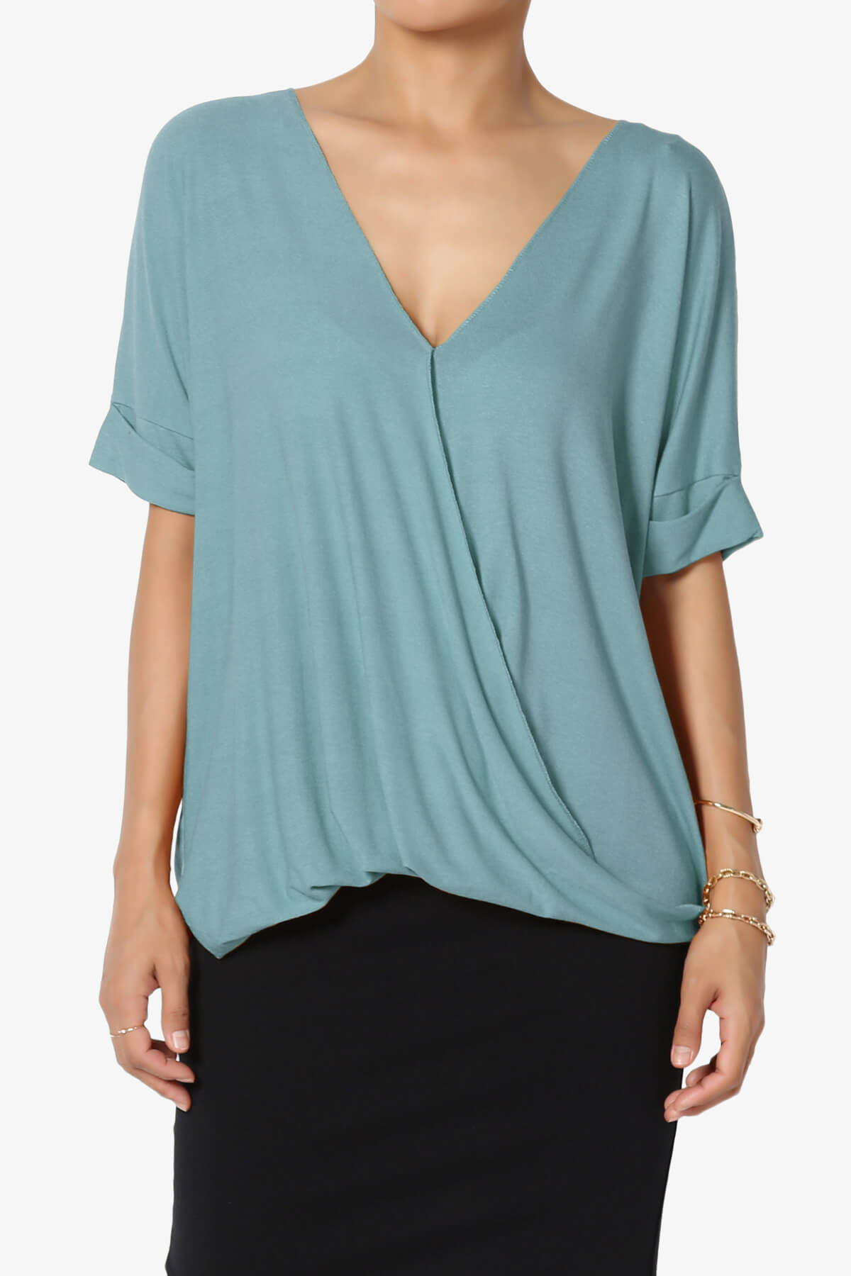 Tackle Wrap Hi-Low Crepe Knit Top DUSTY BLUE_1