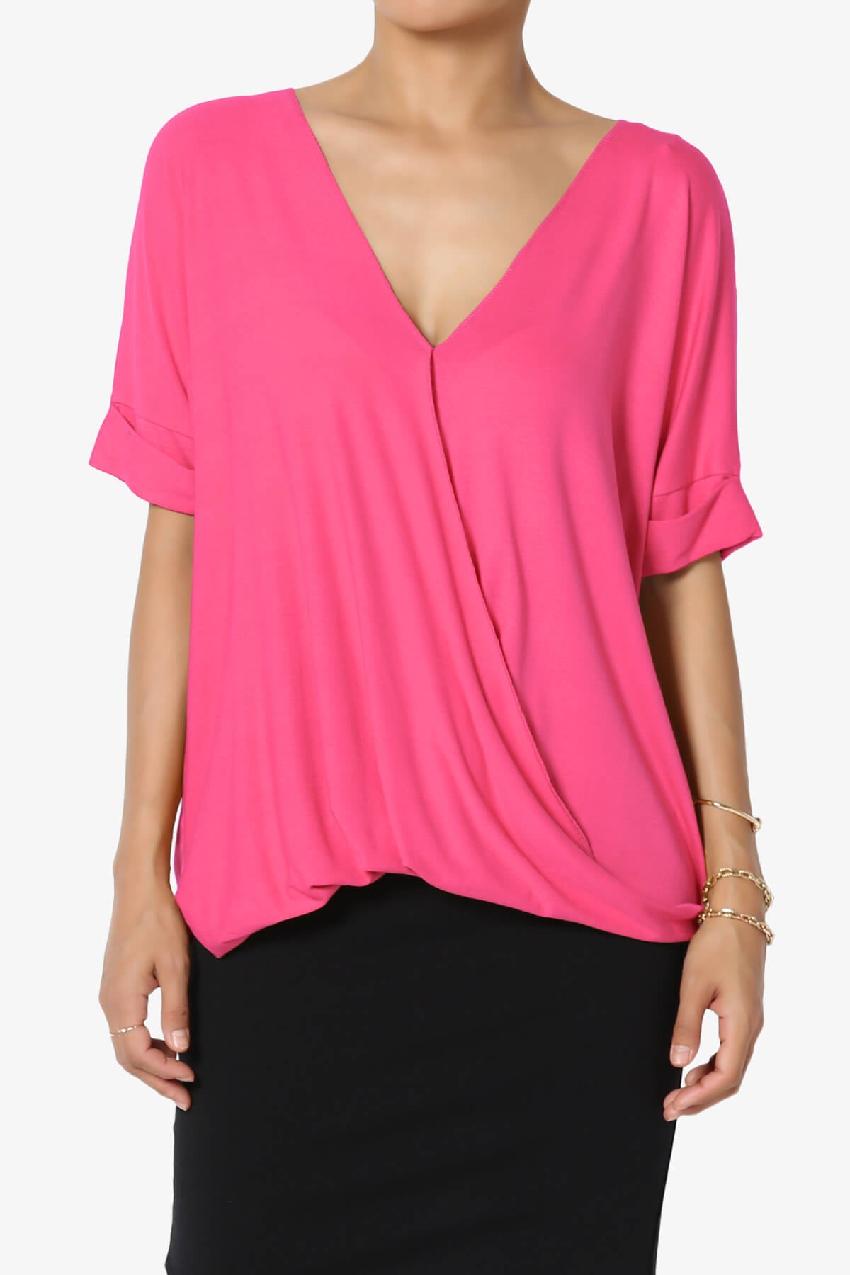 Tackle Wrap Hi-Low Crepe Knit Top FUCHSIA_1