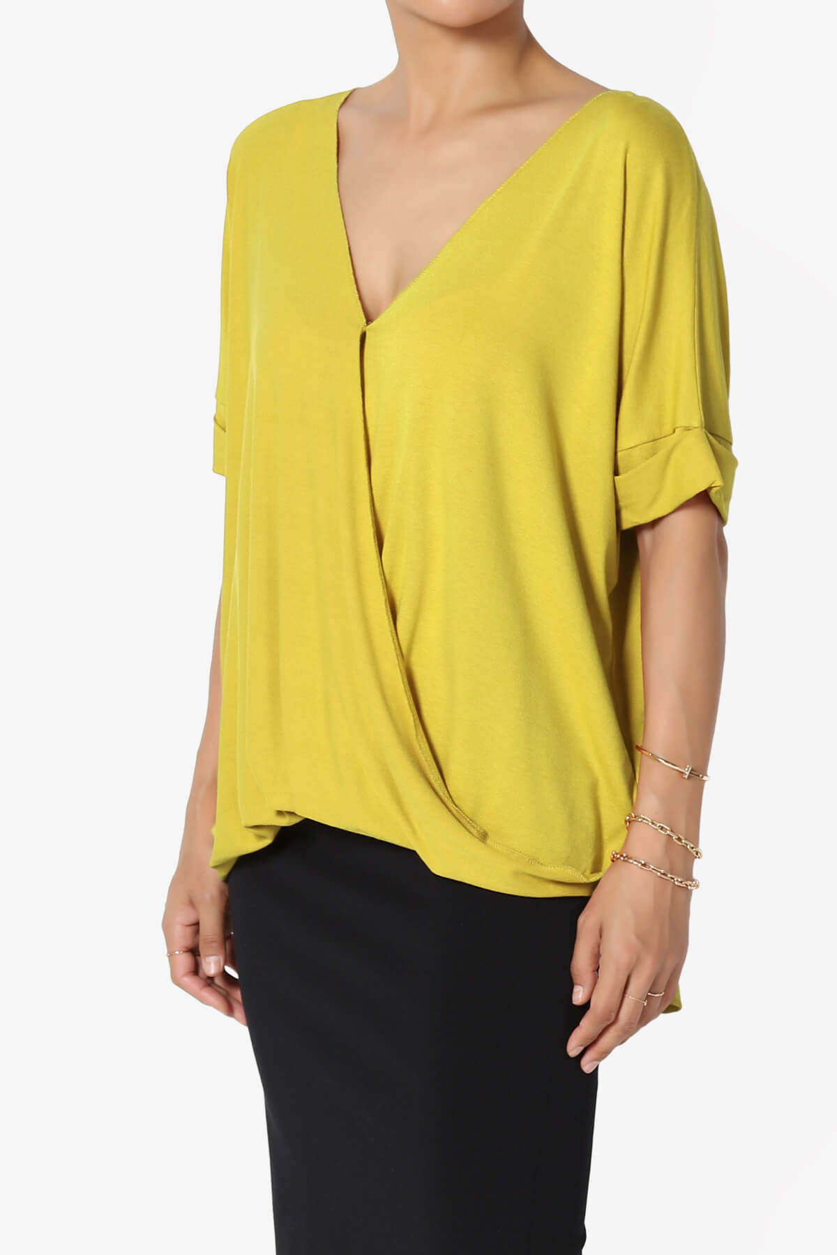Tackle Wrap Hi-Low Crepe Knit Top GOLDEN WASABI_3