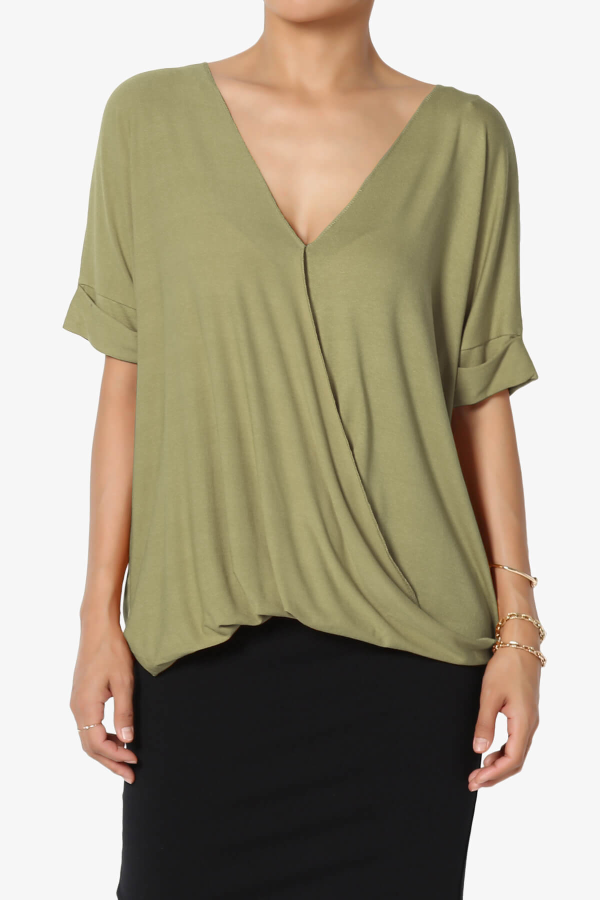 Tackle Wrap Hi-Low Crepe Knit Top KHAKI GREEN_1