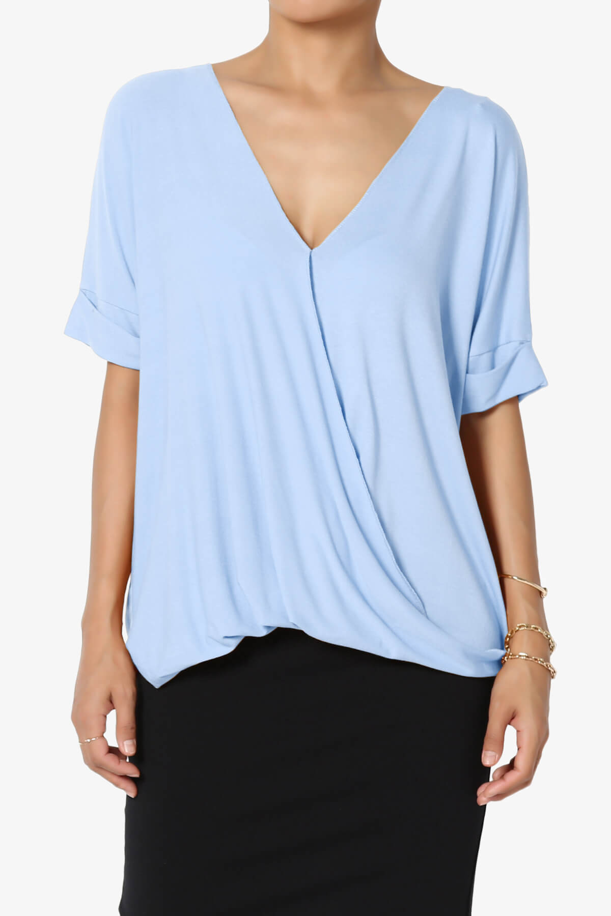 Tackle Wrap Hi-Low Crepe Knit Top LIGHT BLUE_1