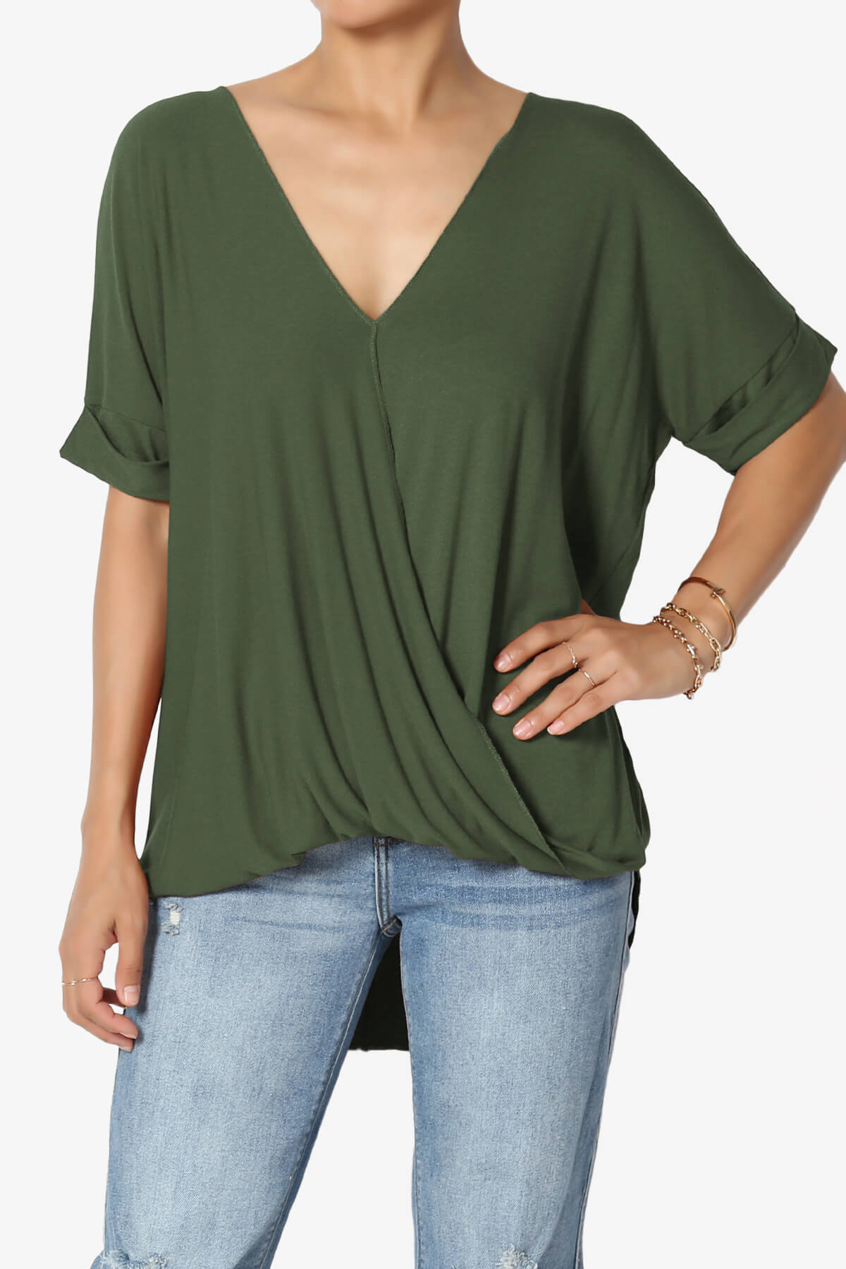 Tackle Wrap Hi-Low Crepe Knit Top OLIVE_1