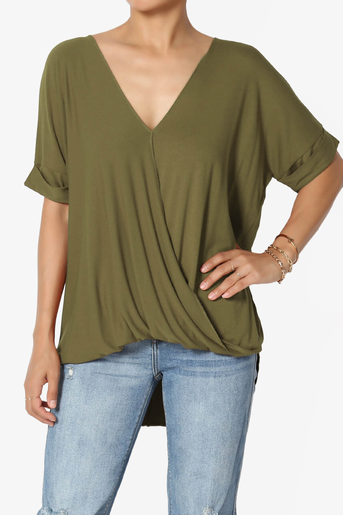 Tackle Wrap Hi-Low Crepe Knit Top OLIVE KHAKI_1