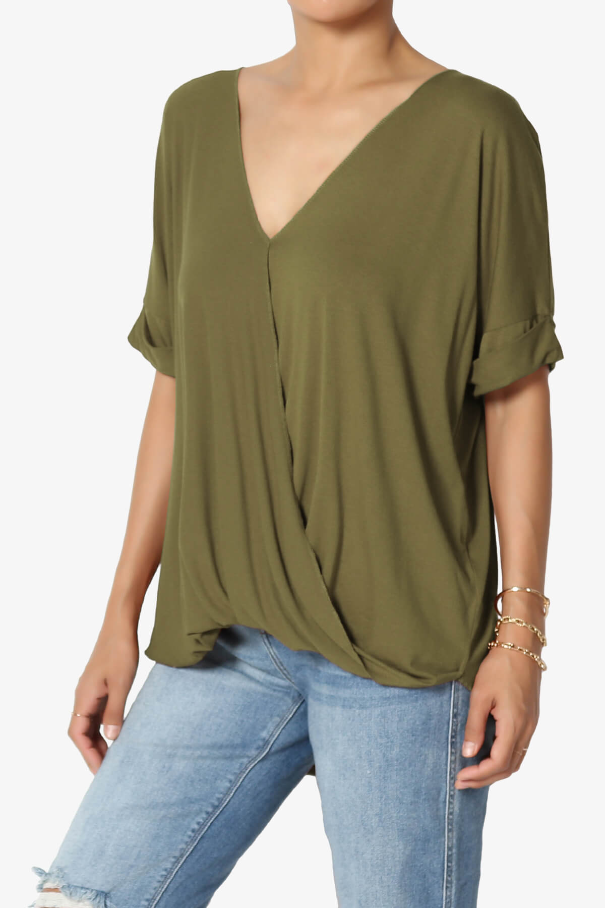 Tackle Wrap Hi-Low Crepe Knit Top OLIVE KHAKI_3