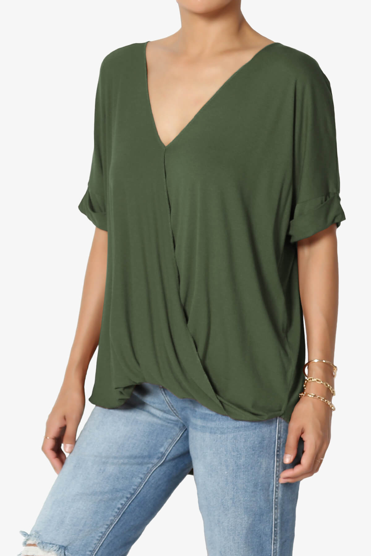 Tackle Wrap Hi-Low Crepe Knit Top OLIVE_3