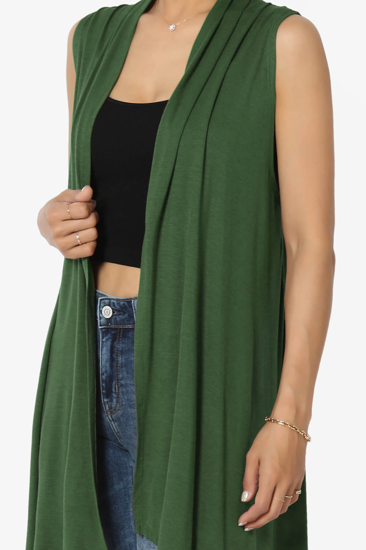 Taysom Draped Open Front Sleeveless Cardigan Vest ARMY GREEN_5