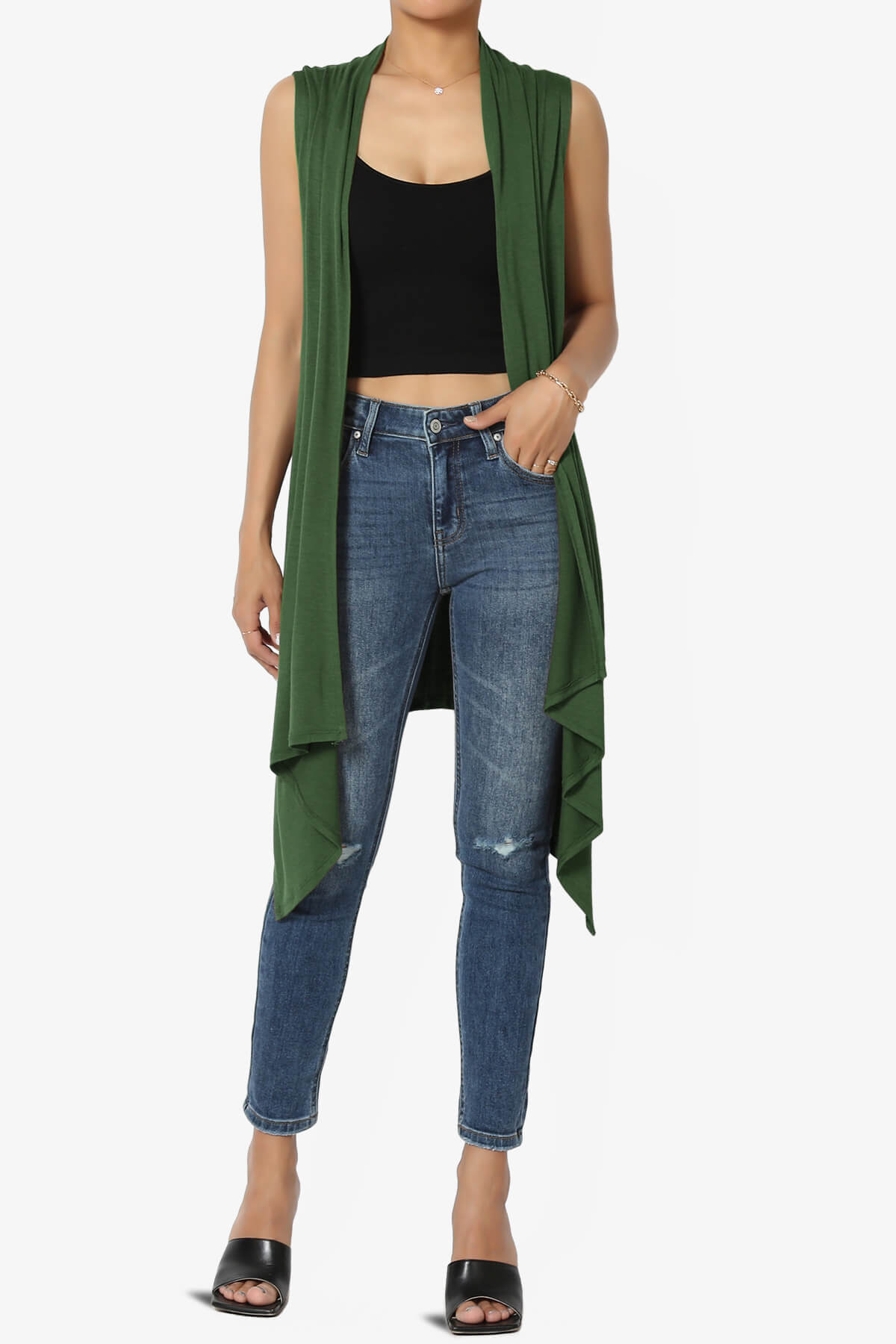 Taysom Draped Open Front Sleeveless Cardigan Vest ARMY GREEN_6