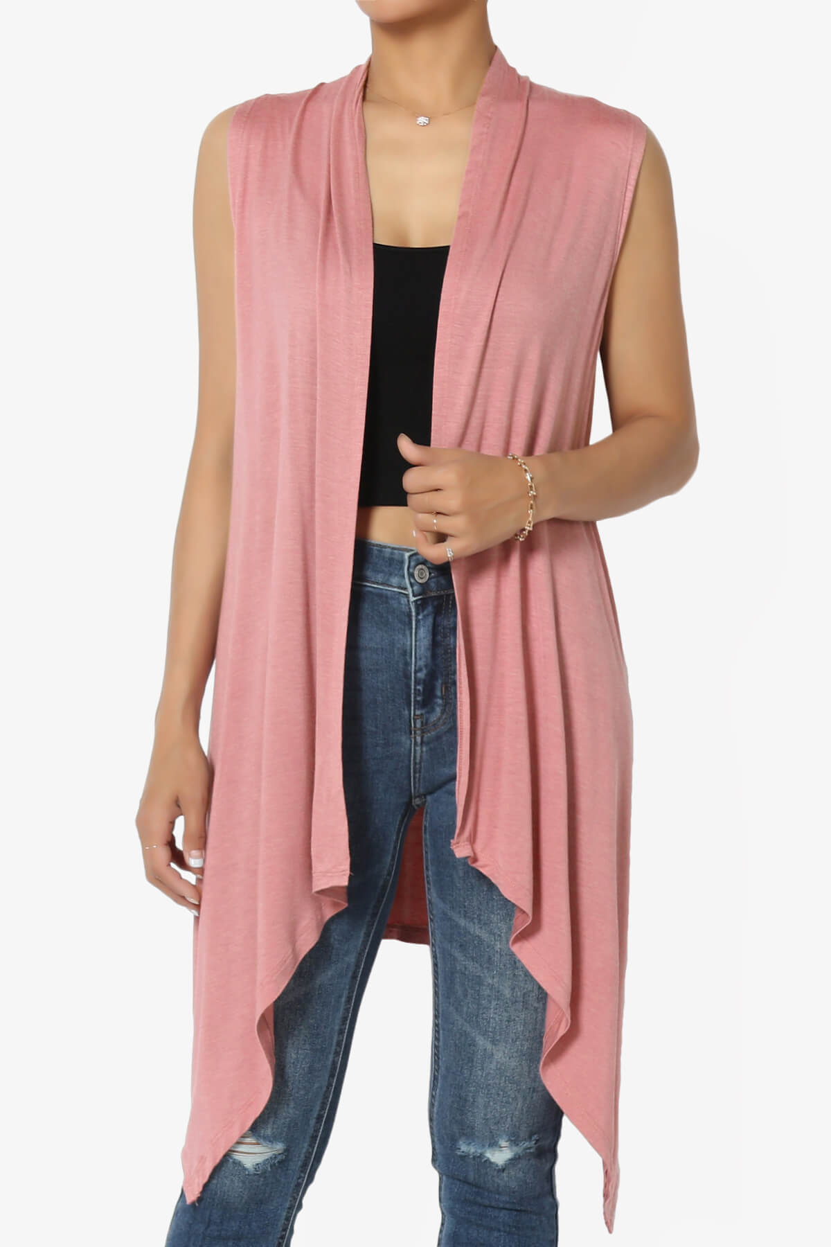 Taysom Draped Open Front Sleeveless Cardigan Vest ASH ROSE_1