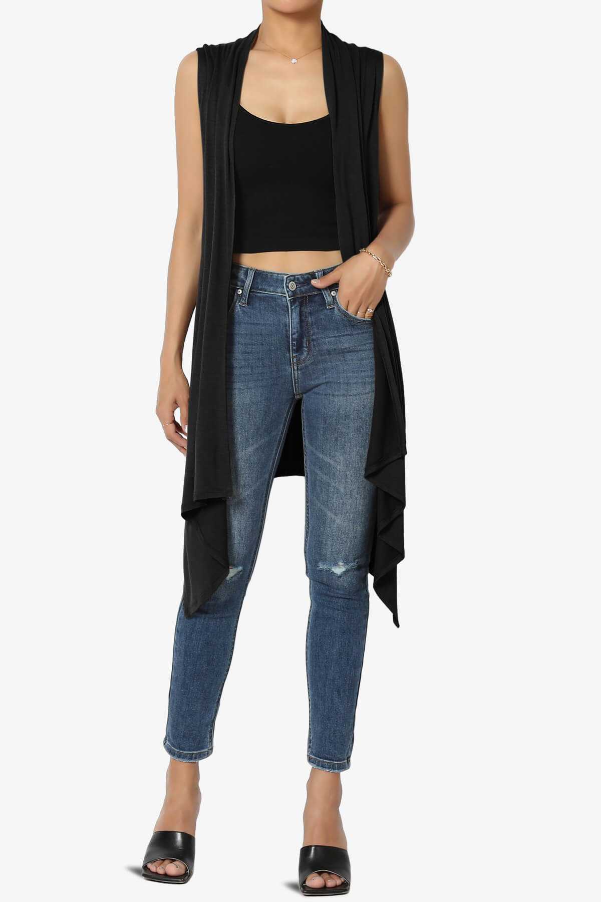 Taysom Draped Open Front Sleeveless Cardigan Vest BLACK_6