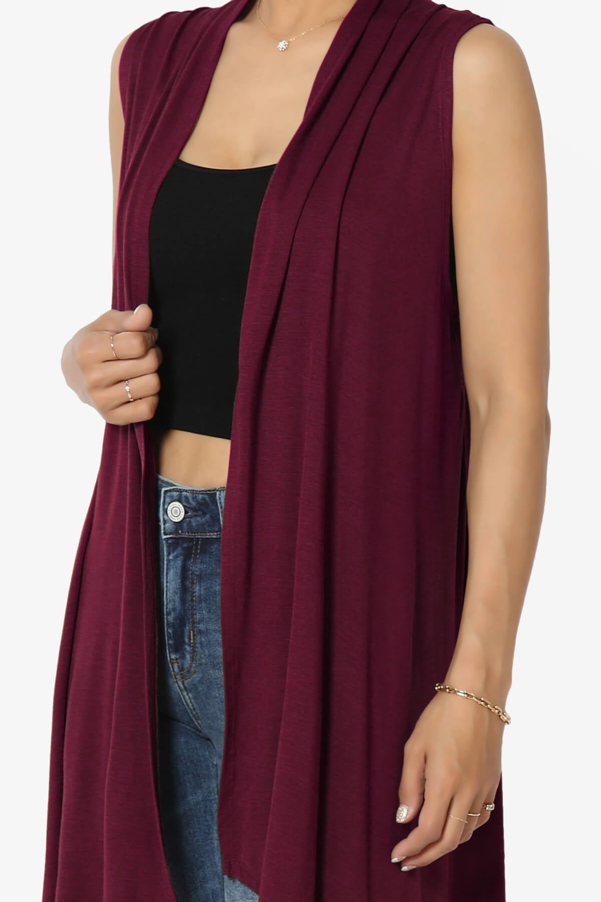 Taysom Draped Open Front Sleeveless Cardigan Vest DARK BURGUNDY_5