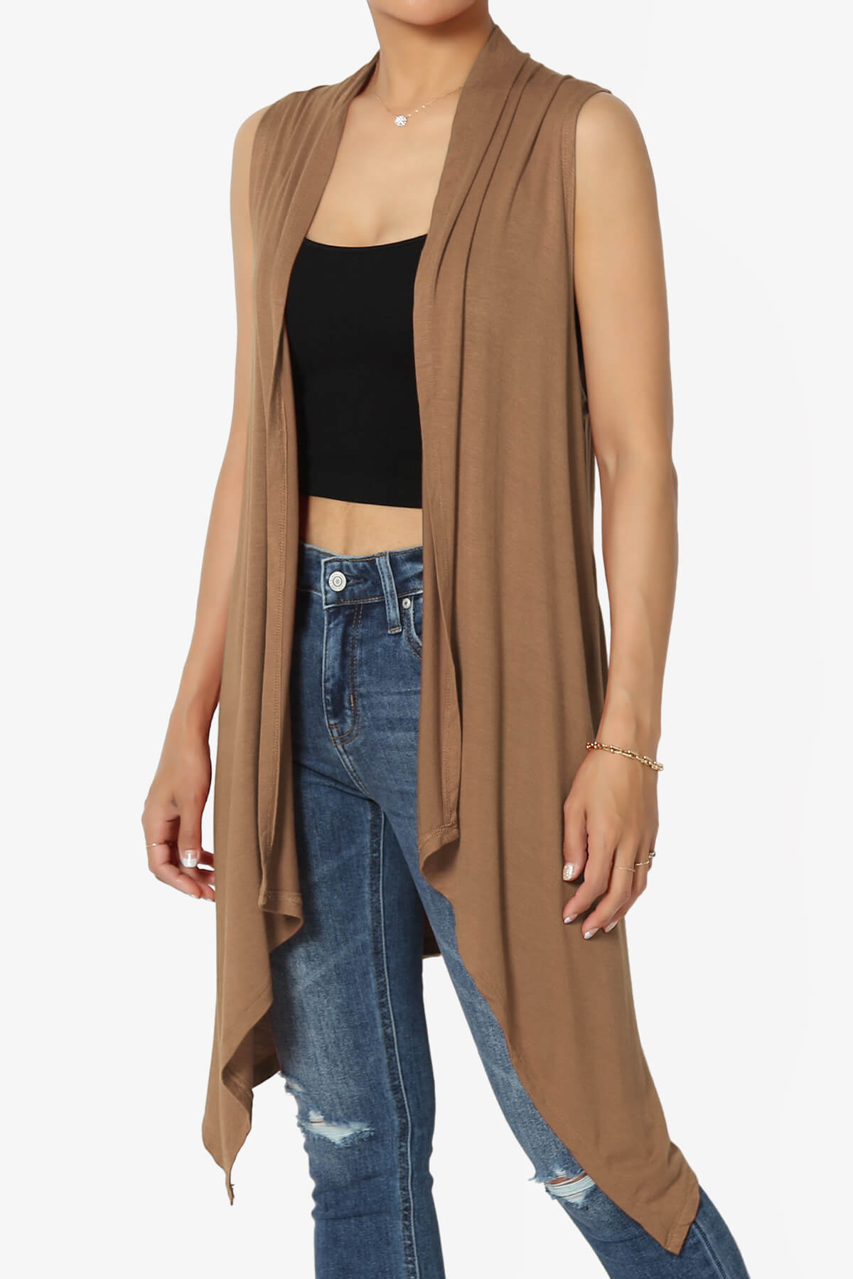 Taysom Draped Open Front Sleeveless Cardigan Vest DEEP CAMEL_3