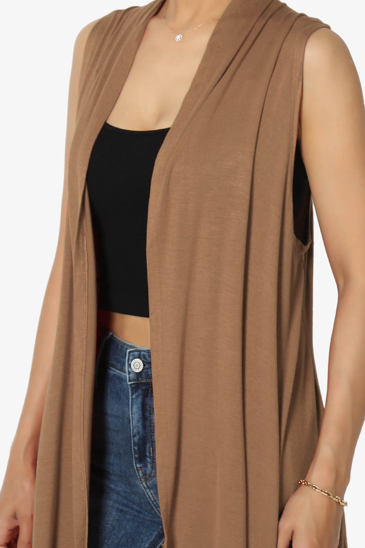 Taysom Draped Open Front Sleeveless Cardigan Vest DEEP CAMEL_5