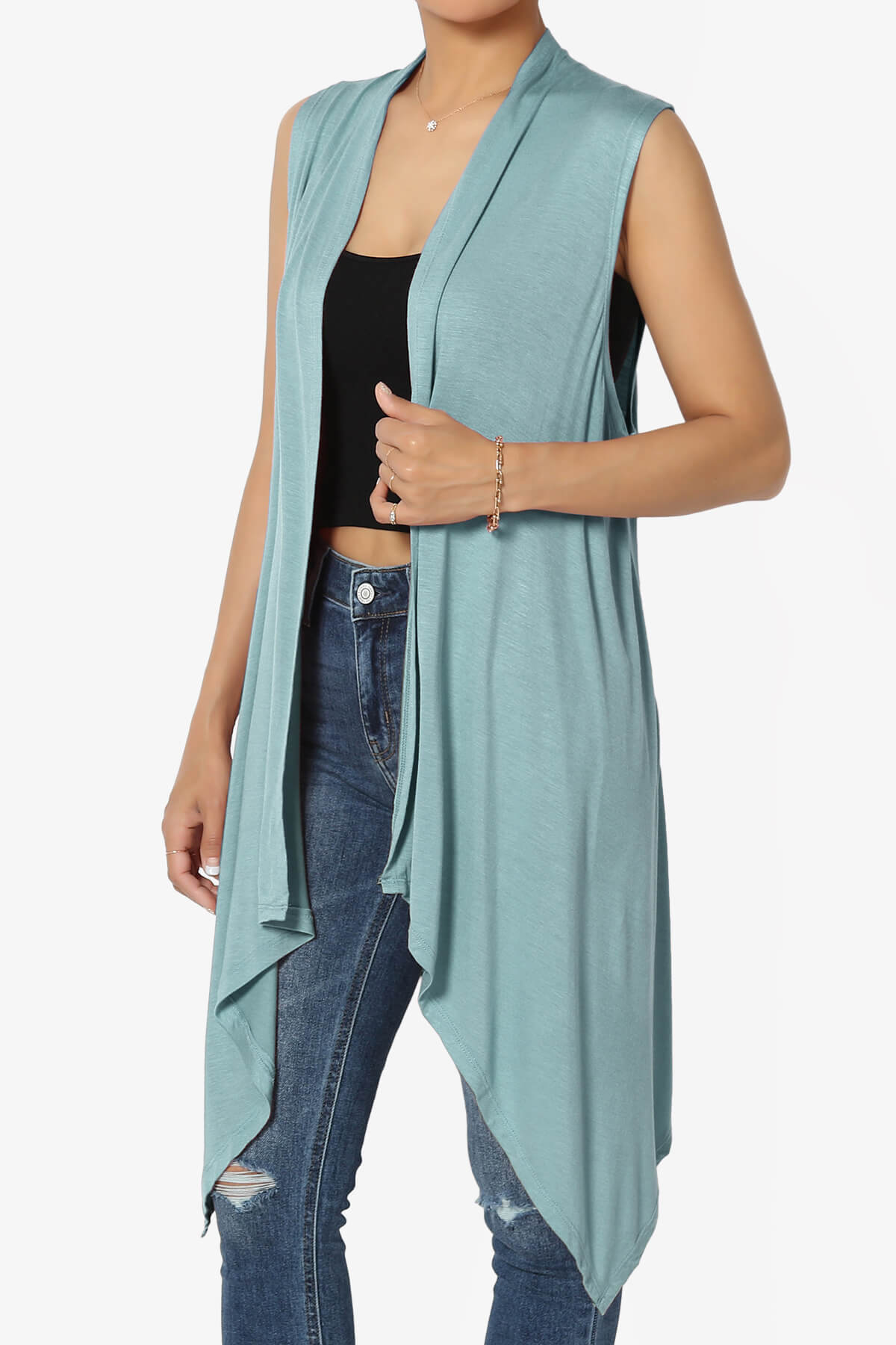 Taysom Draped Open Front Sleeveless Cardigan Vest DUSTY BLUE_3