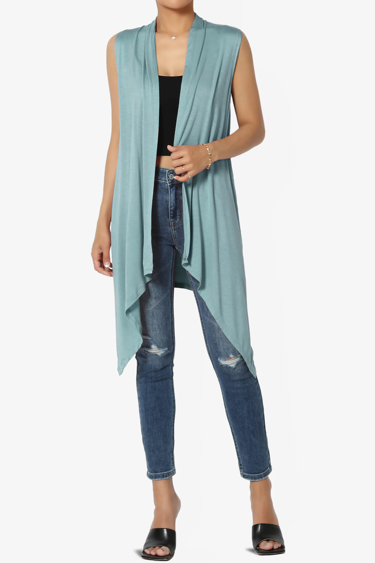 Taysom Draped Open Front Sleeveless Cardigan Vest DUSTY BLUE_6