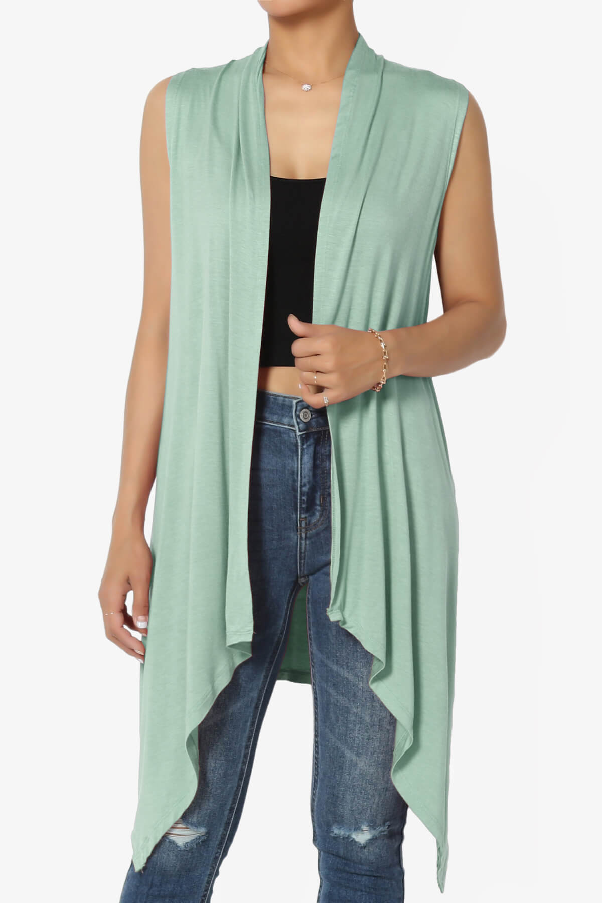 Taysom Draped Open Front Sleeveless Cardigan Vest DUSTY GREEN_1
