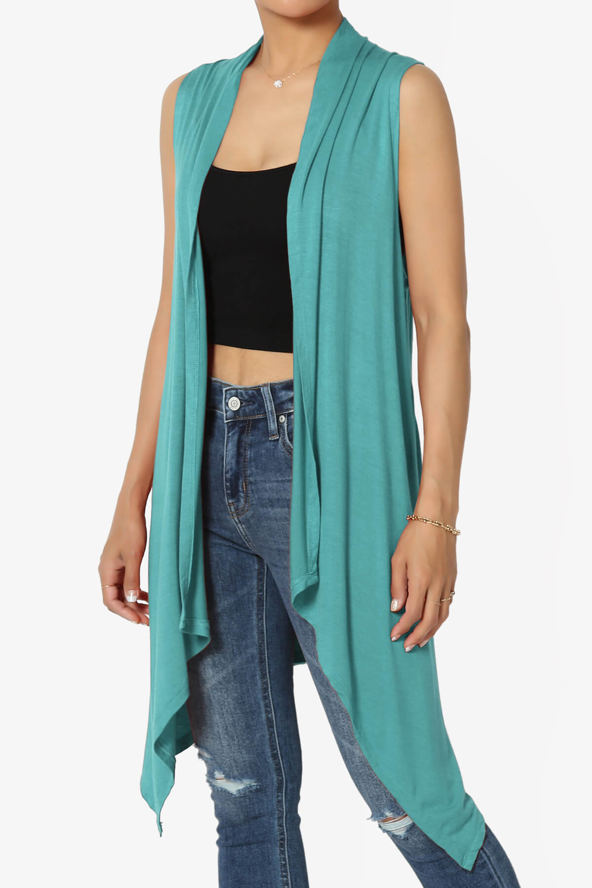 Taysom Draped Open Front Sleeveless Cardigan Vest DUSTY TEAL_3