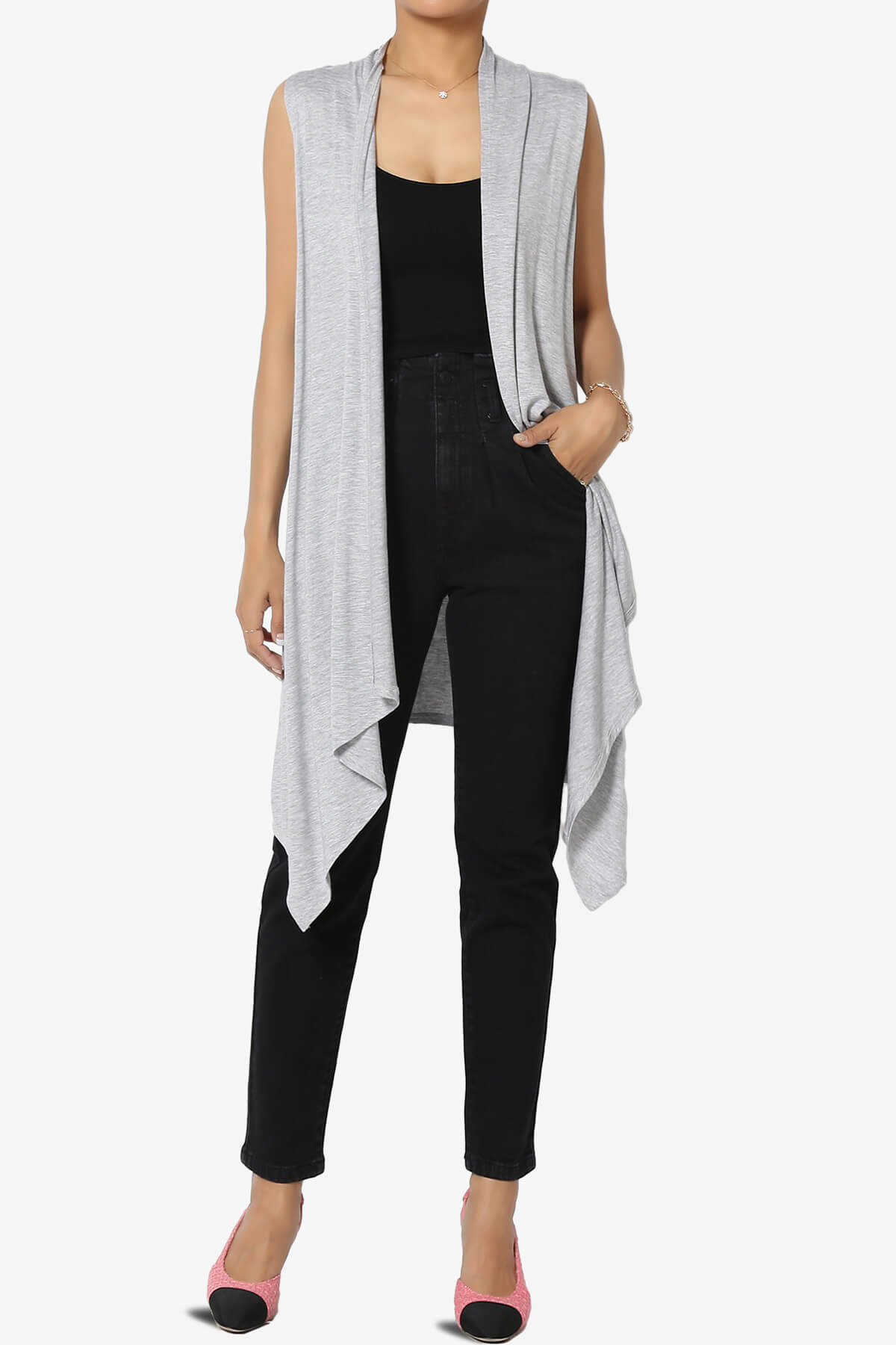 Taysom Draped Open Front Sleeveless Cardigan Vest HEATHER GREY_6