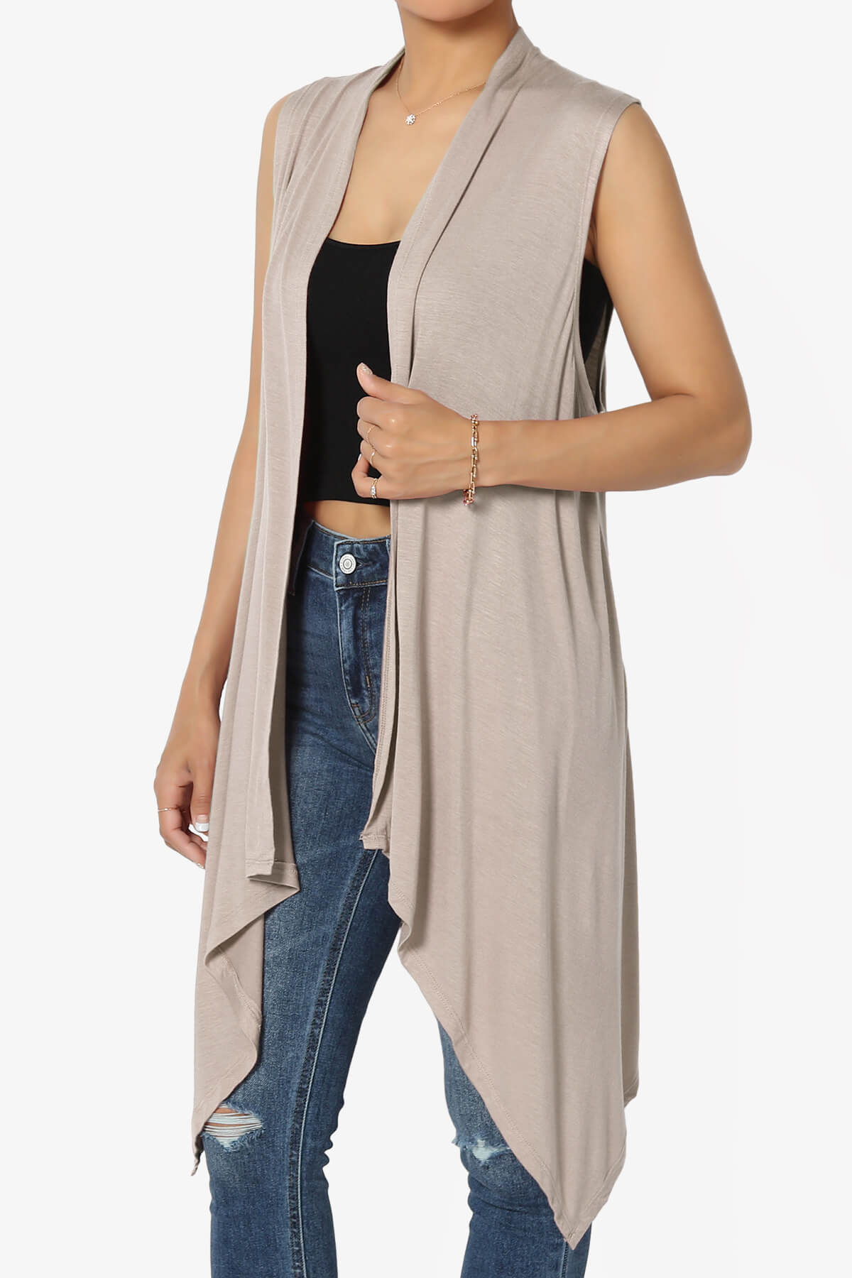 Taysom Draped Open Front Sleeveless Cardigan Vest LIGHT MOCHA_3