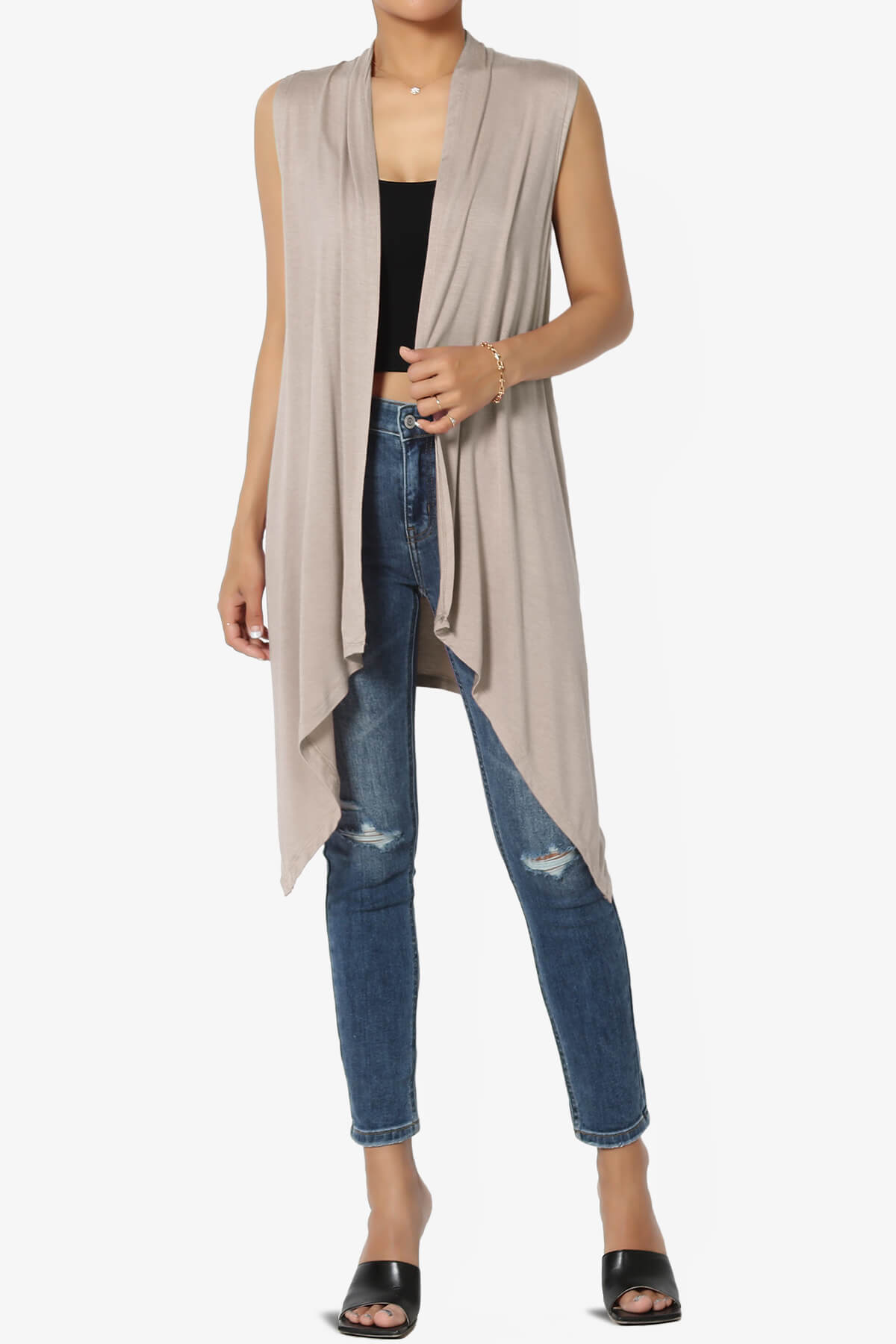 Taysom Draped Open Front Sleeveless Cardigan Vest LIGHT MOCHA_6