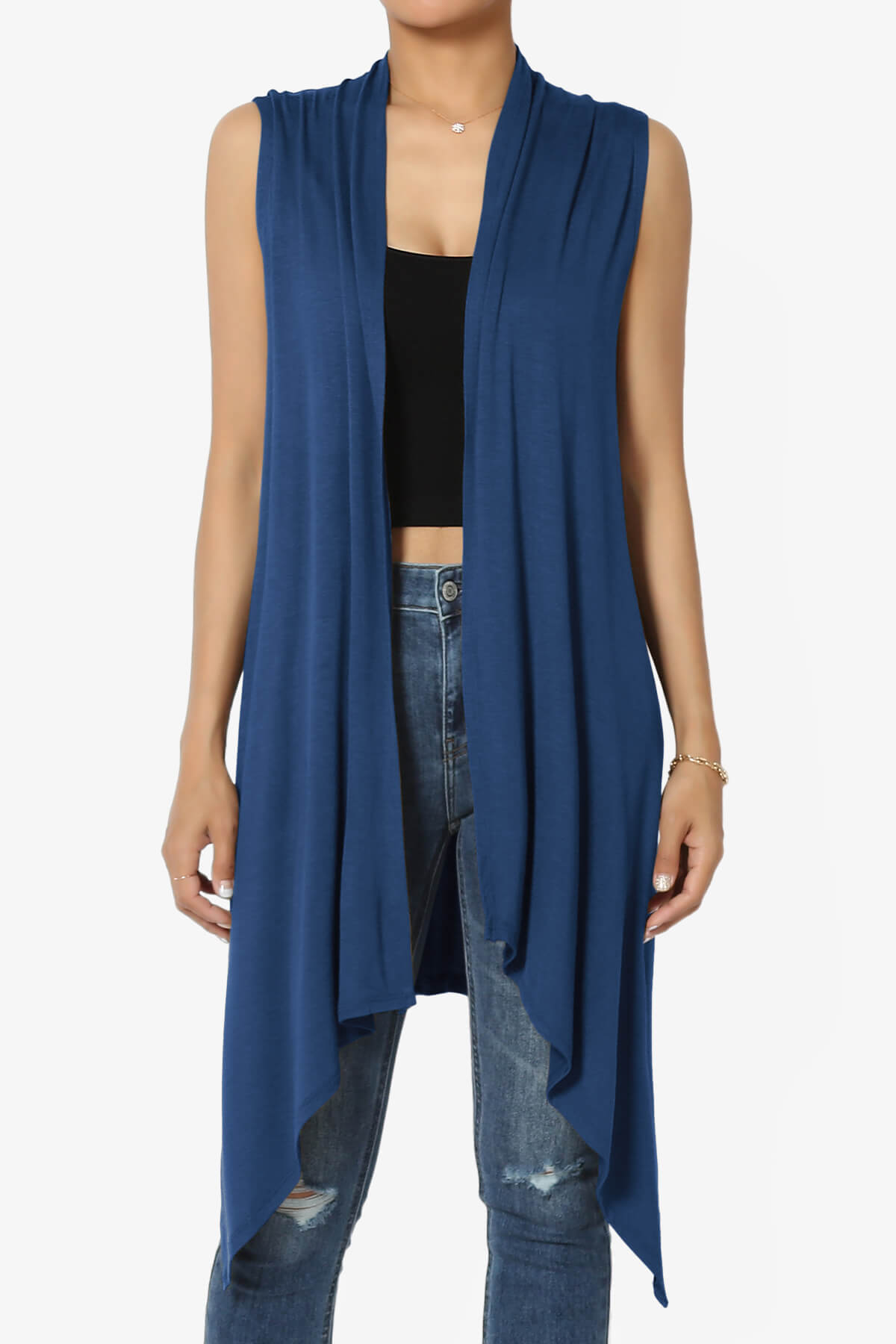Taysom Draped Open Front Sleeveless Cardigan Vest LIGHT NAVY_1