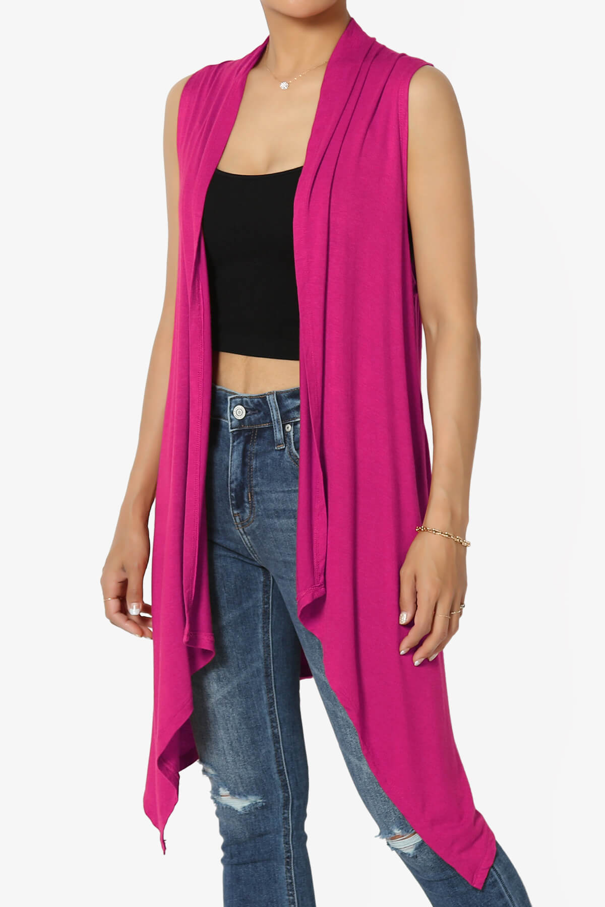 Taysom Draped Open Front Sleeveless Cardigan Vest MAGENTA_3