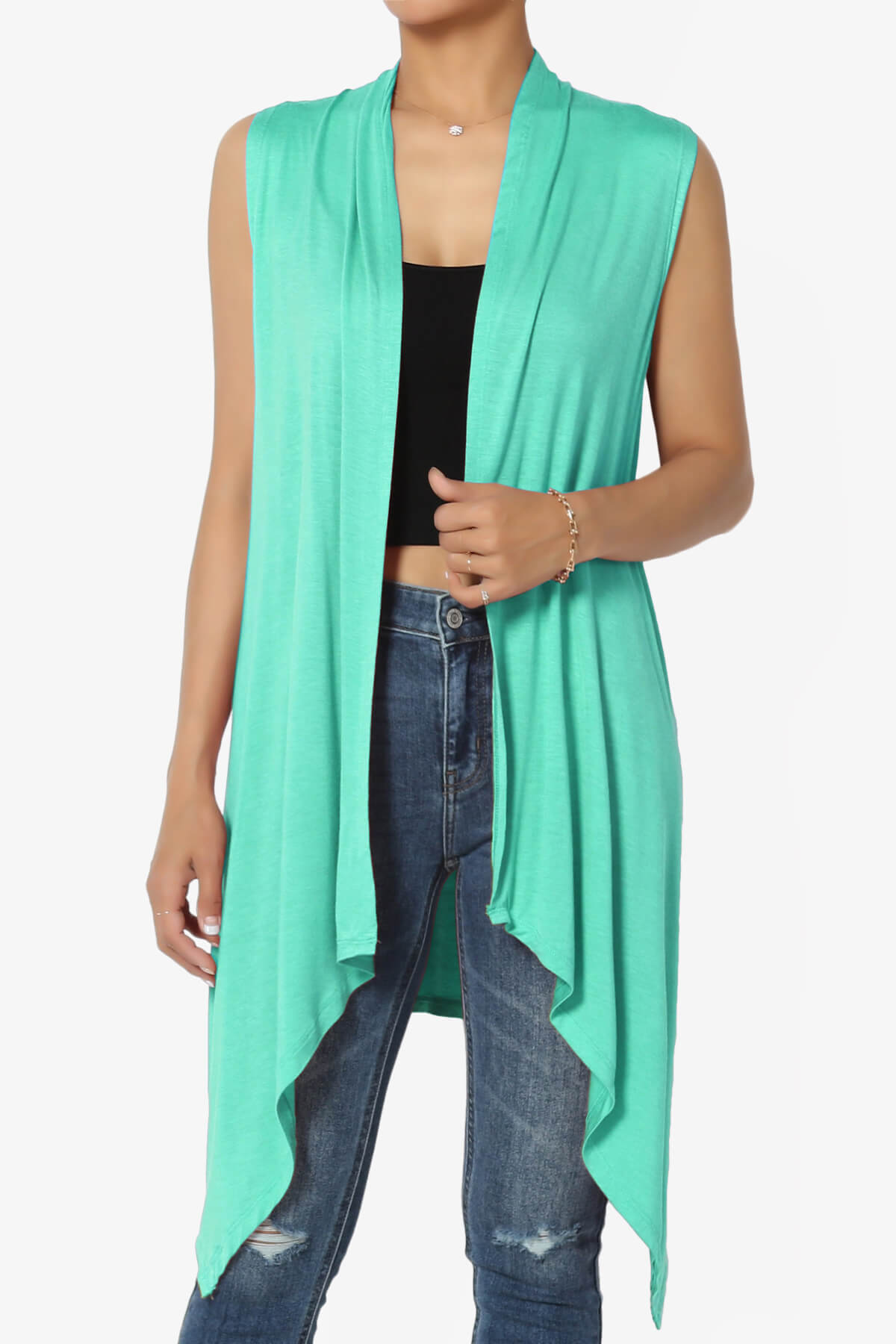 Taysom Draped Open Front Sleeveless Cardigan Vest MINT_1