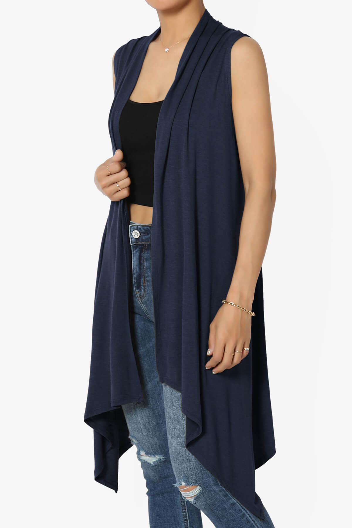 Taysom Draped Open Front Sleeveless Cardigan Vest NAVY_3