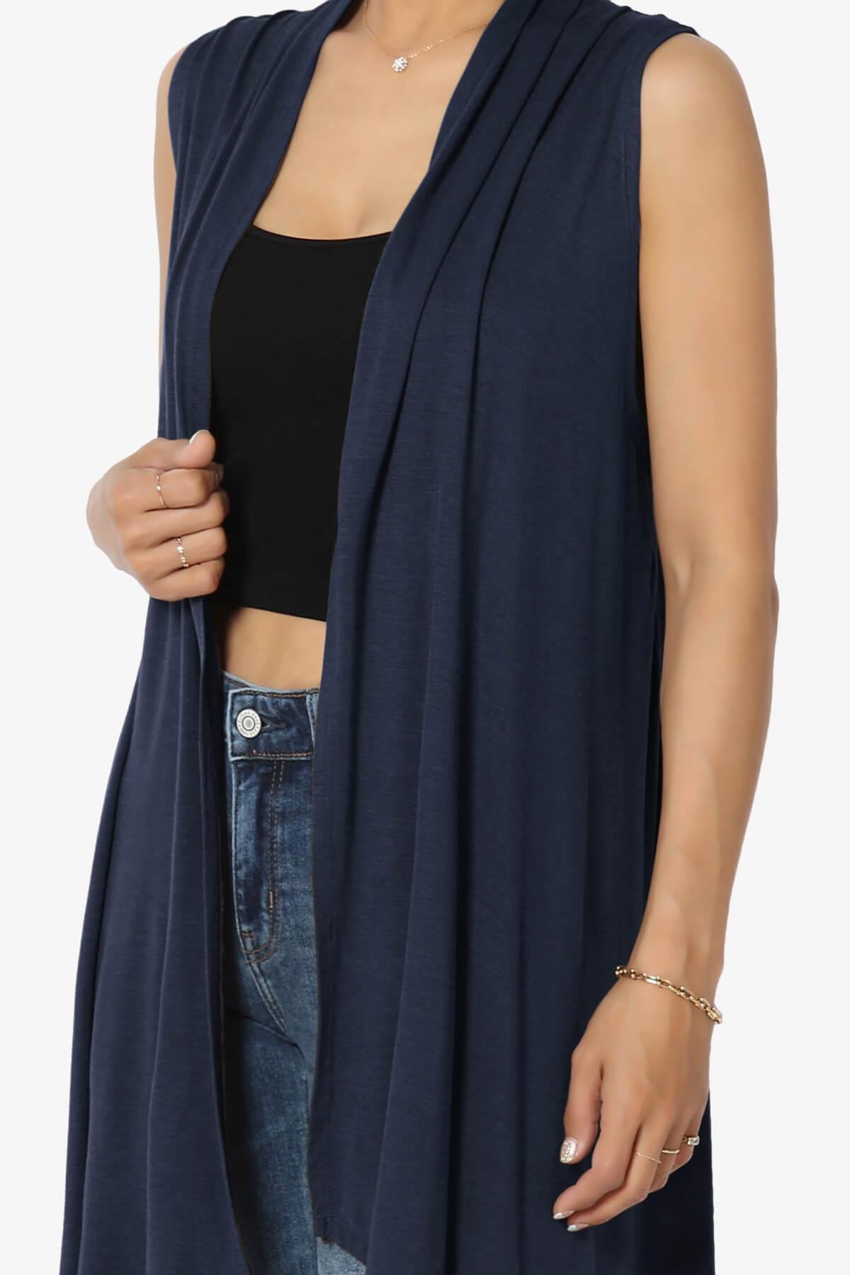 Taysom Draped Open Front Sleeveless Cardigan Vest NAVY_5