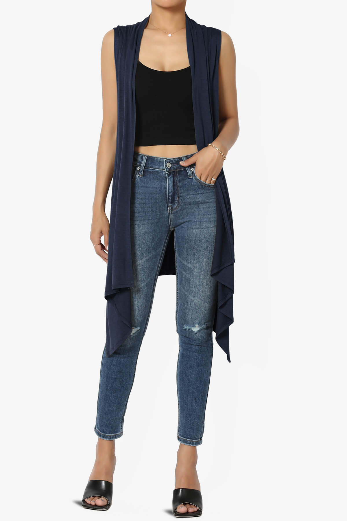 Taysom Draped Open Front Sleeveless Cardigan Vest NAVY_6
