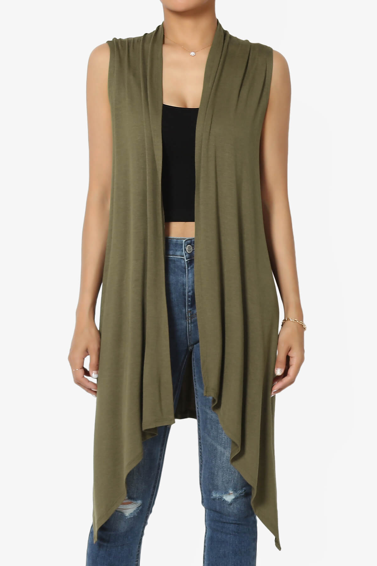 Taysom Draped Open Front Sleeveless Cardigan Vest OLIVE KHAKI_1