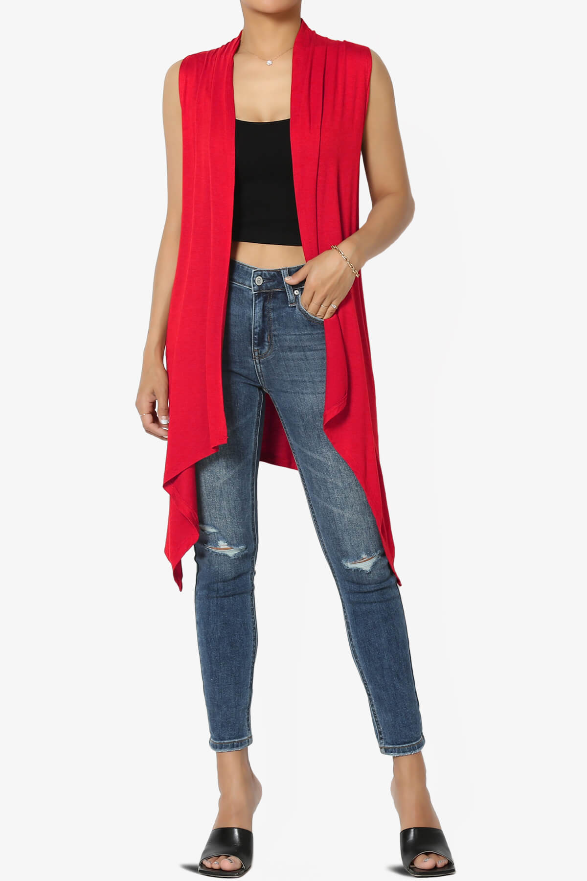 Taysom Draped Open Front Sleeveless Cardigan Vest RED_6