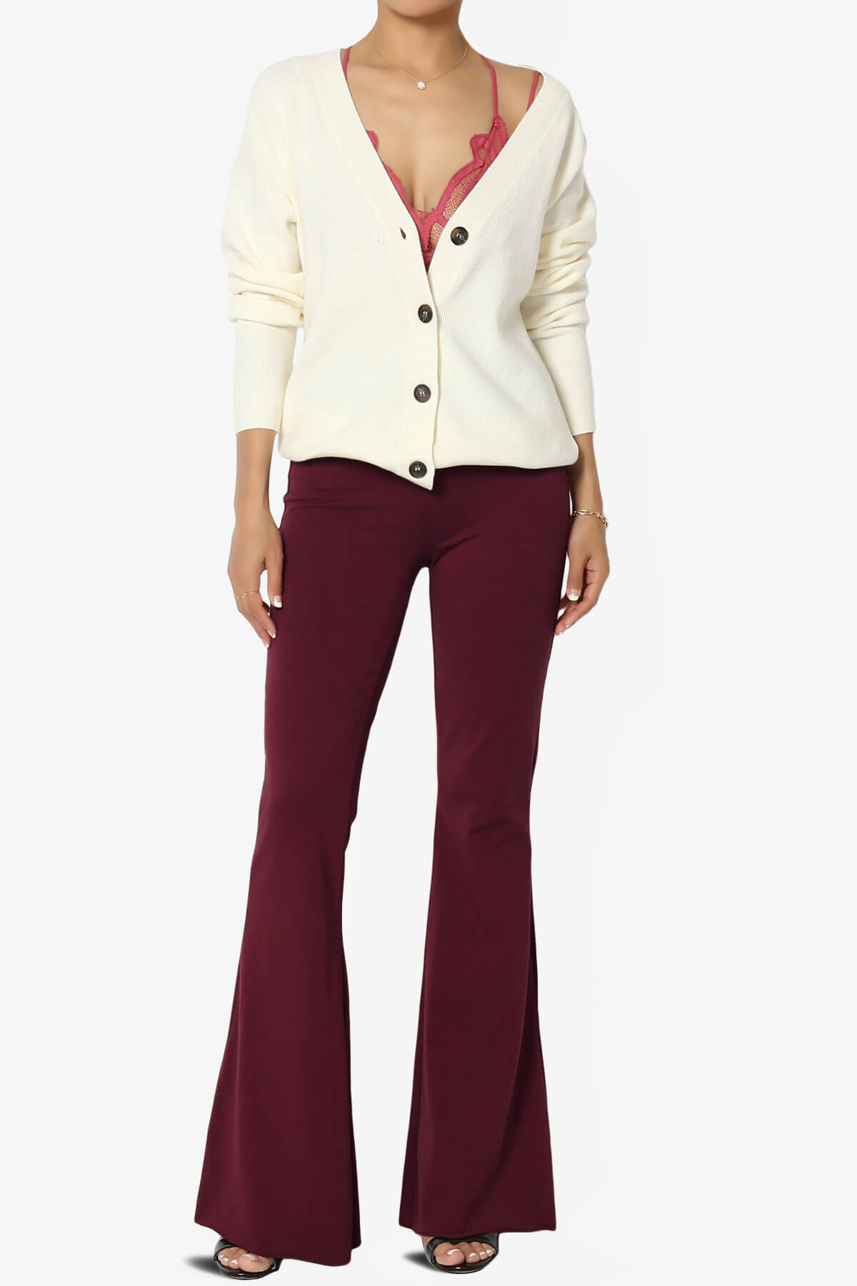 Zaylee Raw Hem Flared Comfy Yoga Pants DARK BURGUNDY_6