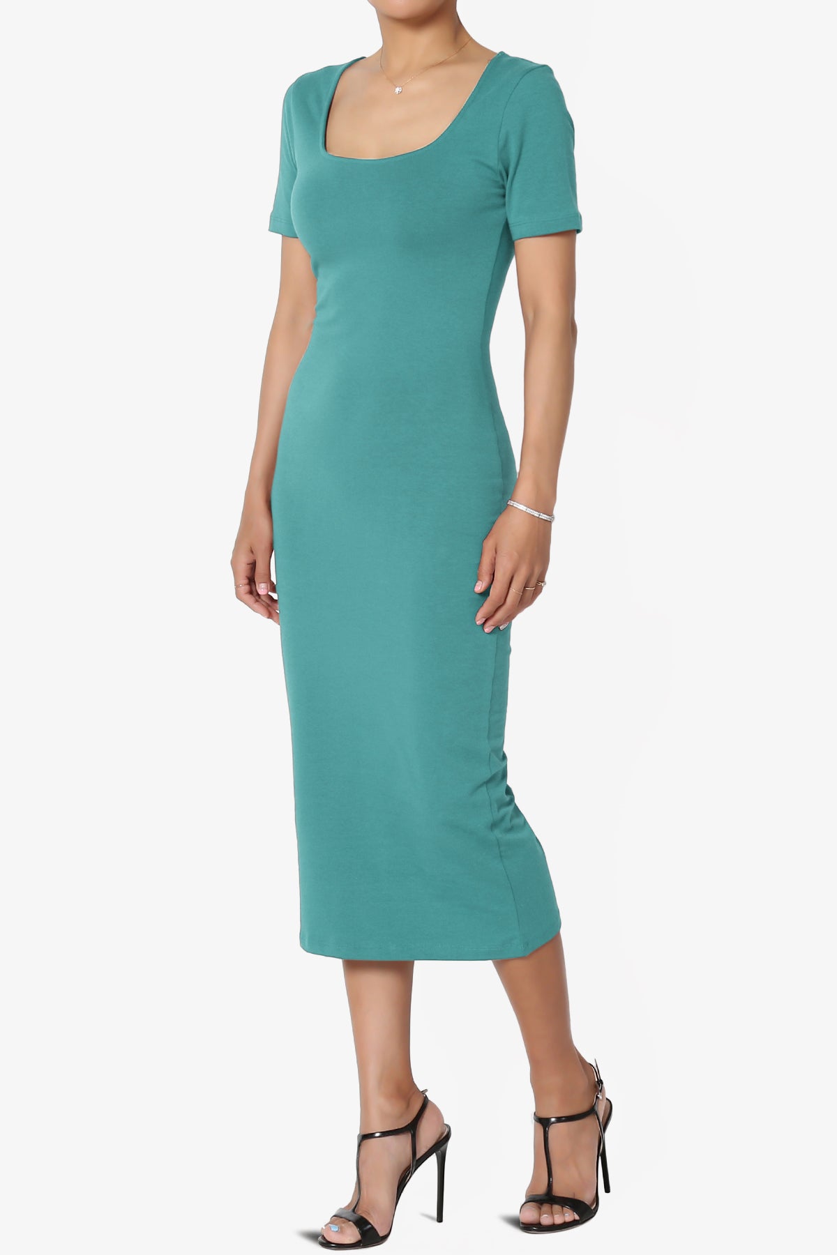 Fontella Short Sleeve Square Neck Bodycon Dress DUSTY TEAL_3