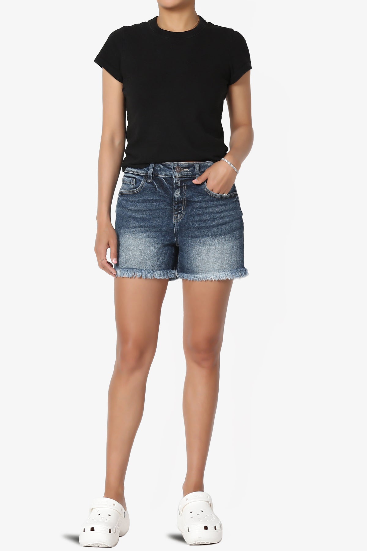 Lessa Frayed Hem High Rise Stretch Denim Shorts
