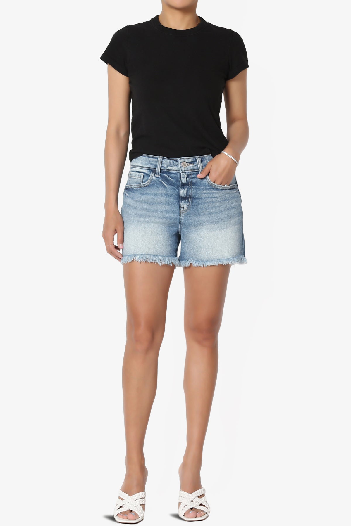 Lessa Frayed Hem High Rise Stretch Denim Shorts