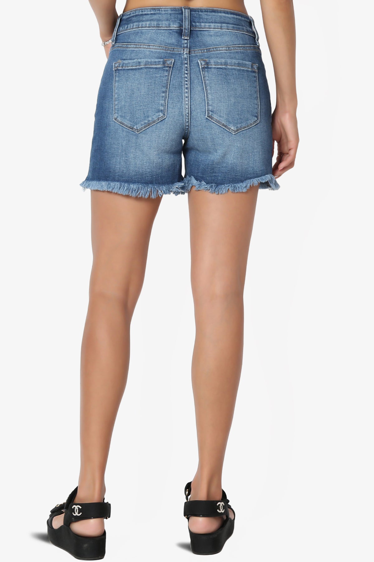 Mingle Frayed Hem High Rise Stretch Denim Shorts