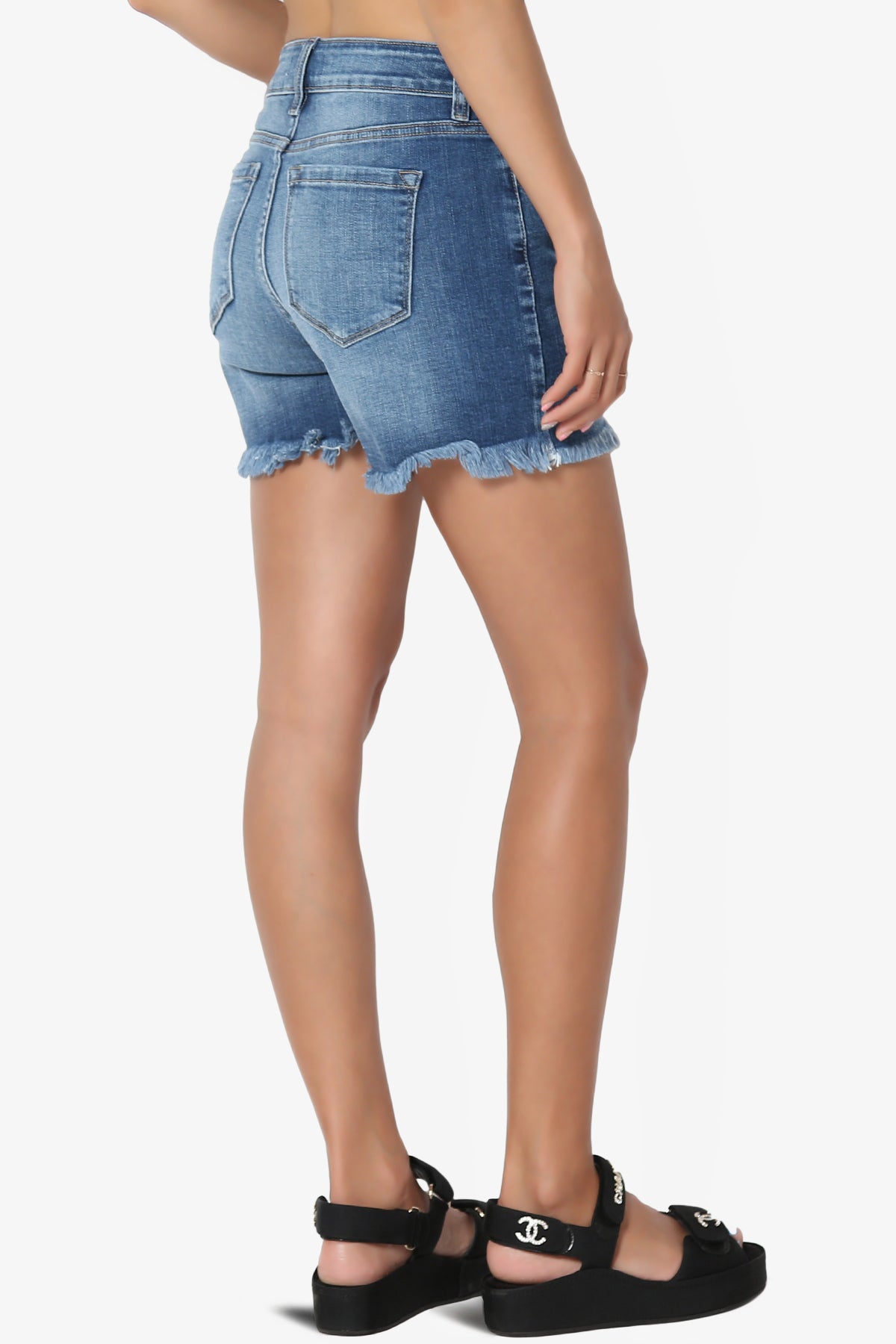Mingle Frayed Hem High Rise Stretch Denim Shorts