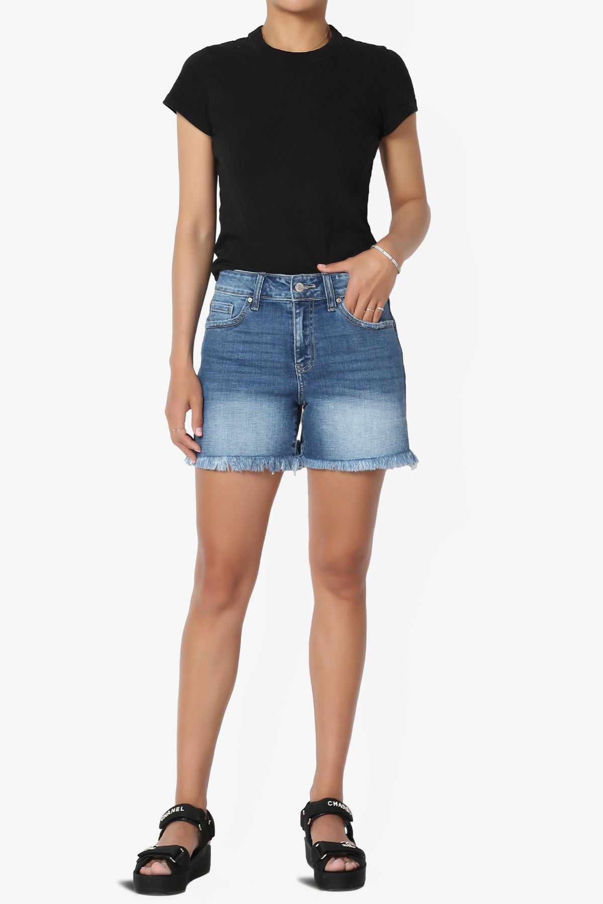 Mingle Frayed Hem High Rise Stretch Denim Shorts